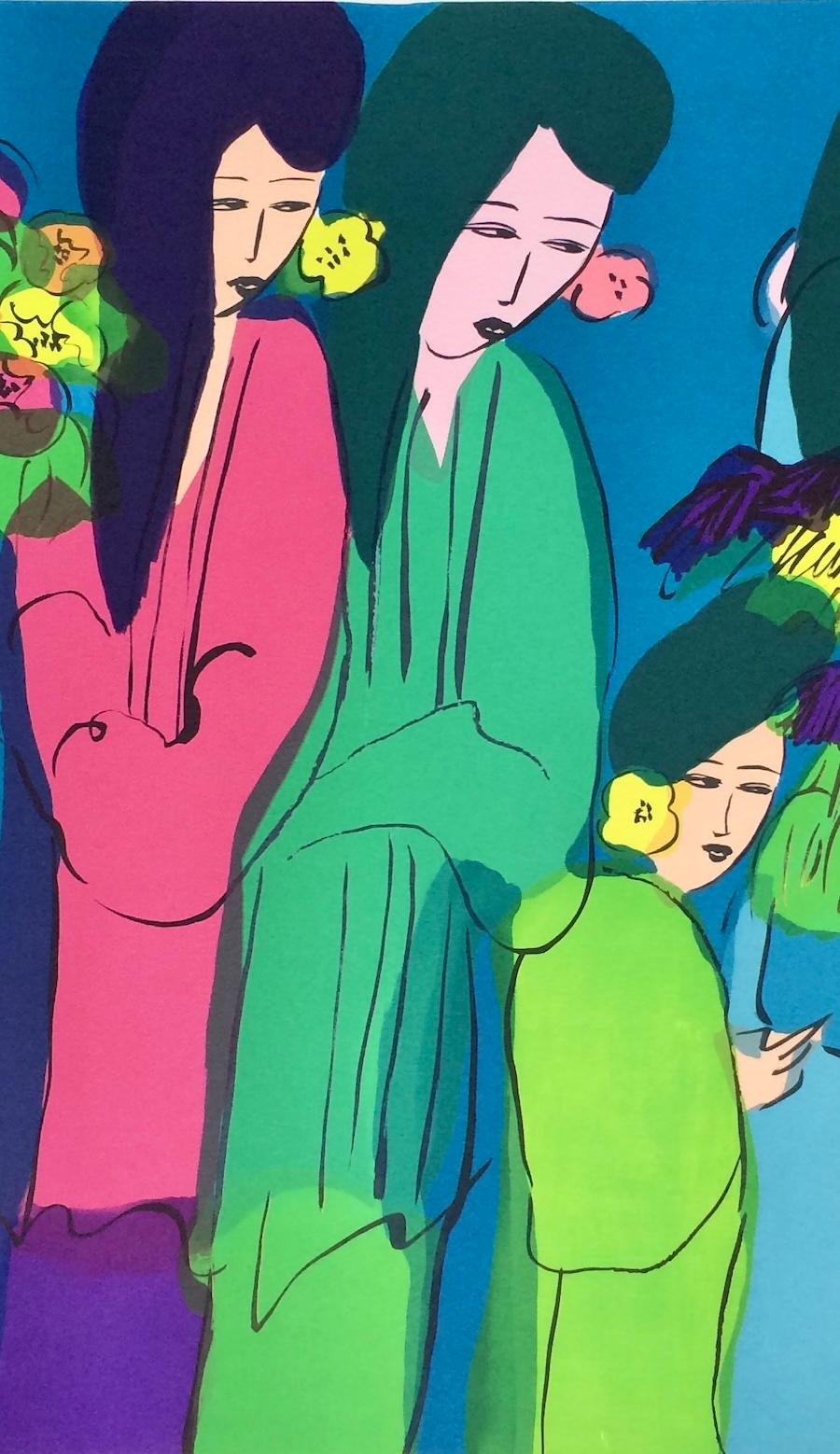 IX GEISHA WITH FLOWERS signée Lithographie de femmes asiatiques à cheveux longs bleu sarcelle - Bleu Figurative Print par Walasse Ting