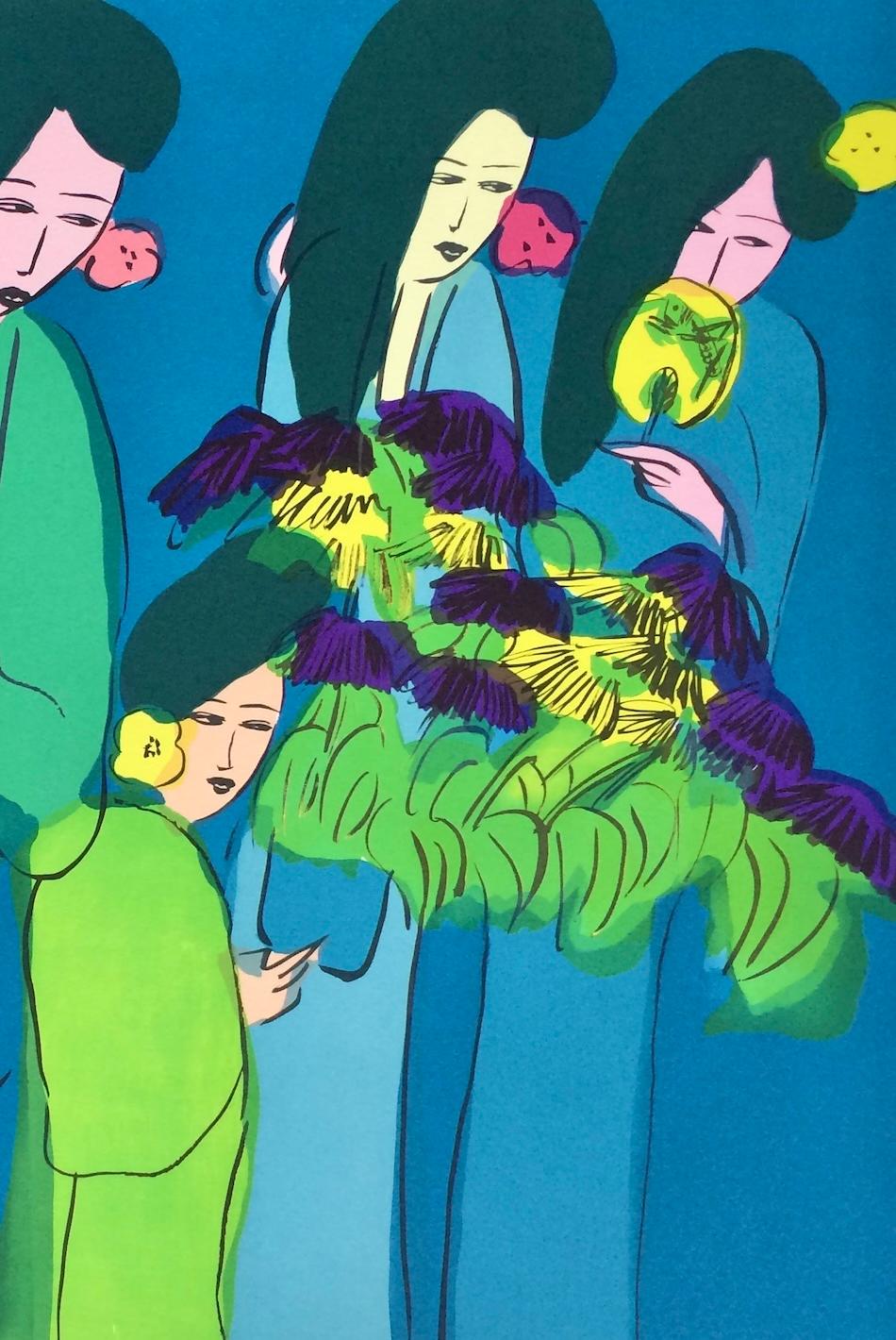 SIX GEISHA WITH FLOWERS est une lithographie originale dessinée à la main sur papier Somerset d'archivage, 100 % sans acide, réalisée par le célèbre artiste d'origine chinoise Walasse Ting (DING XIONGQUAN, chinois, 1929-2010). L'utilisation de