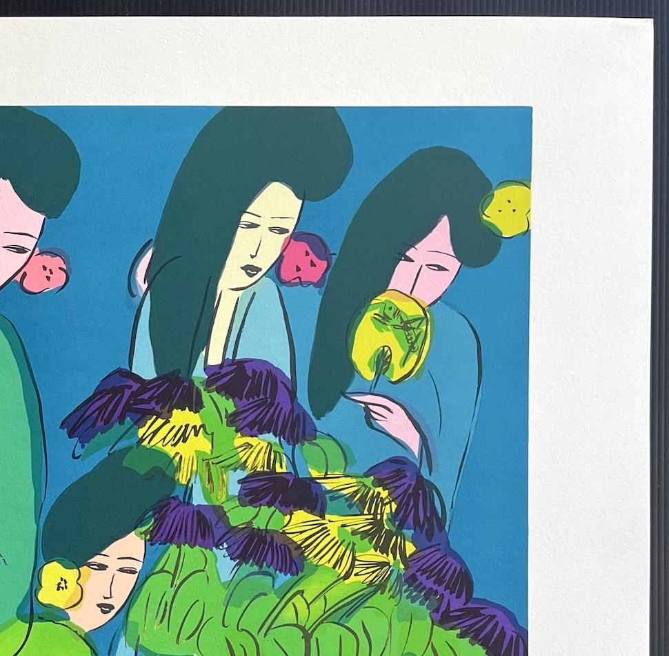 IX GEISHA WITH FLOWERS signée Lithographie de femmes asiatiques à cheveux longs bleu sarcelle en vente 2