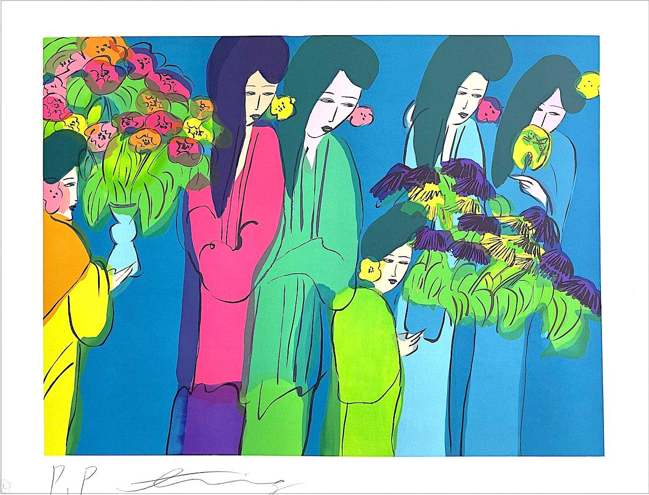 Walasse Ting Figurative Print - SIX GEISHA WITH FLOWERS Signed Lithograph Asian Women Kimonos Flowers Teal Blue