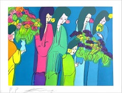 Vintage SIX GEISHA WITH FLOWERS Signed Lithograph Asian Women Kimonos Flowers Teal Blue