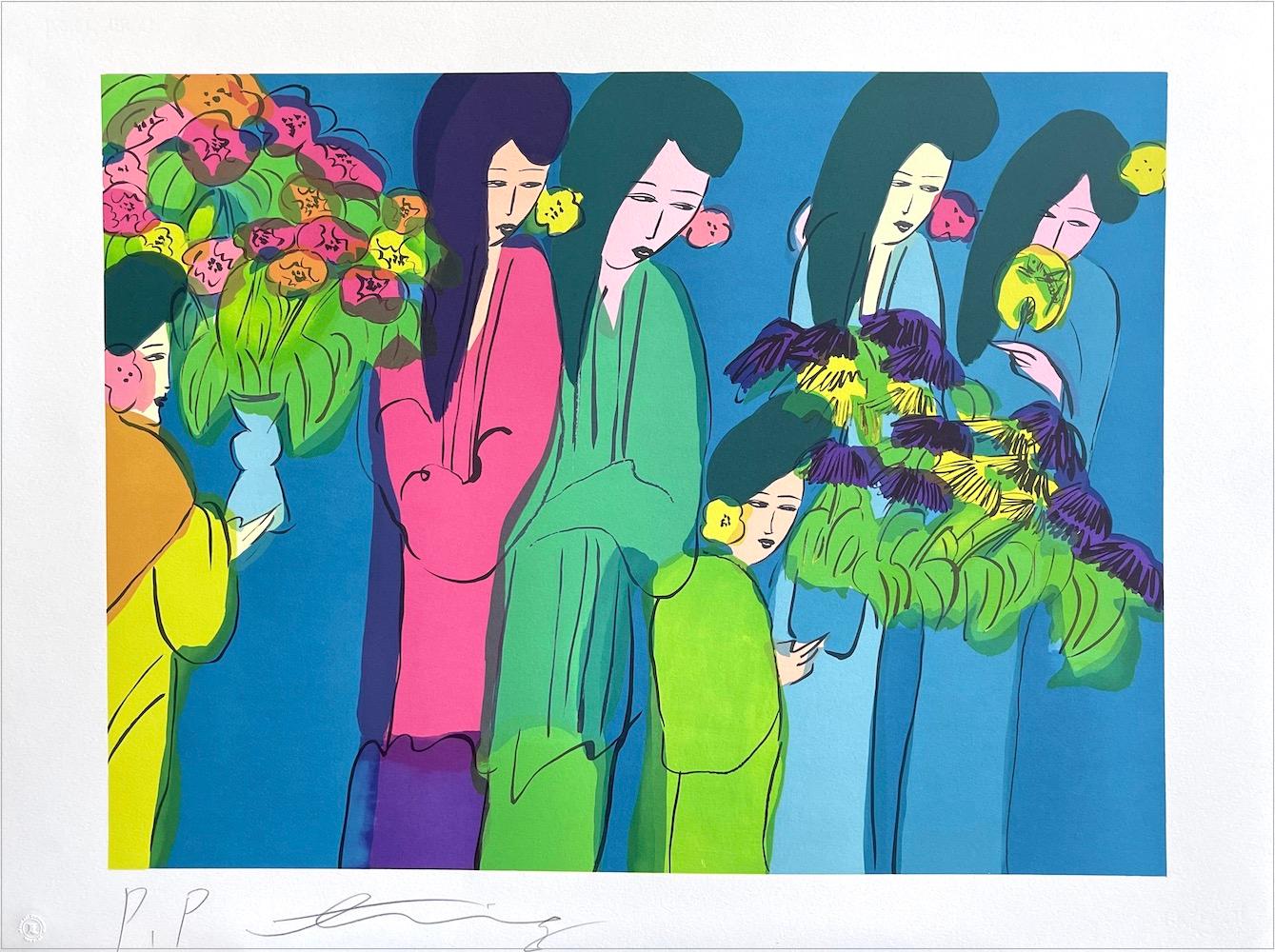 Figurative Print Walasse Ting - IX GEISHA WITH FLOWERS signée Lithographie de femmes asiatiques à cheveux longs bleu sarcelle