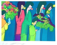 SIX GEISHA WITH FLOWERS Signed Lithograph Asian Women Kimonos Flowers Teal Blue
