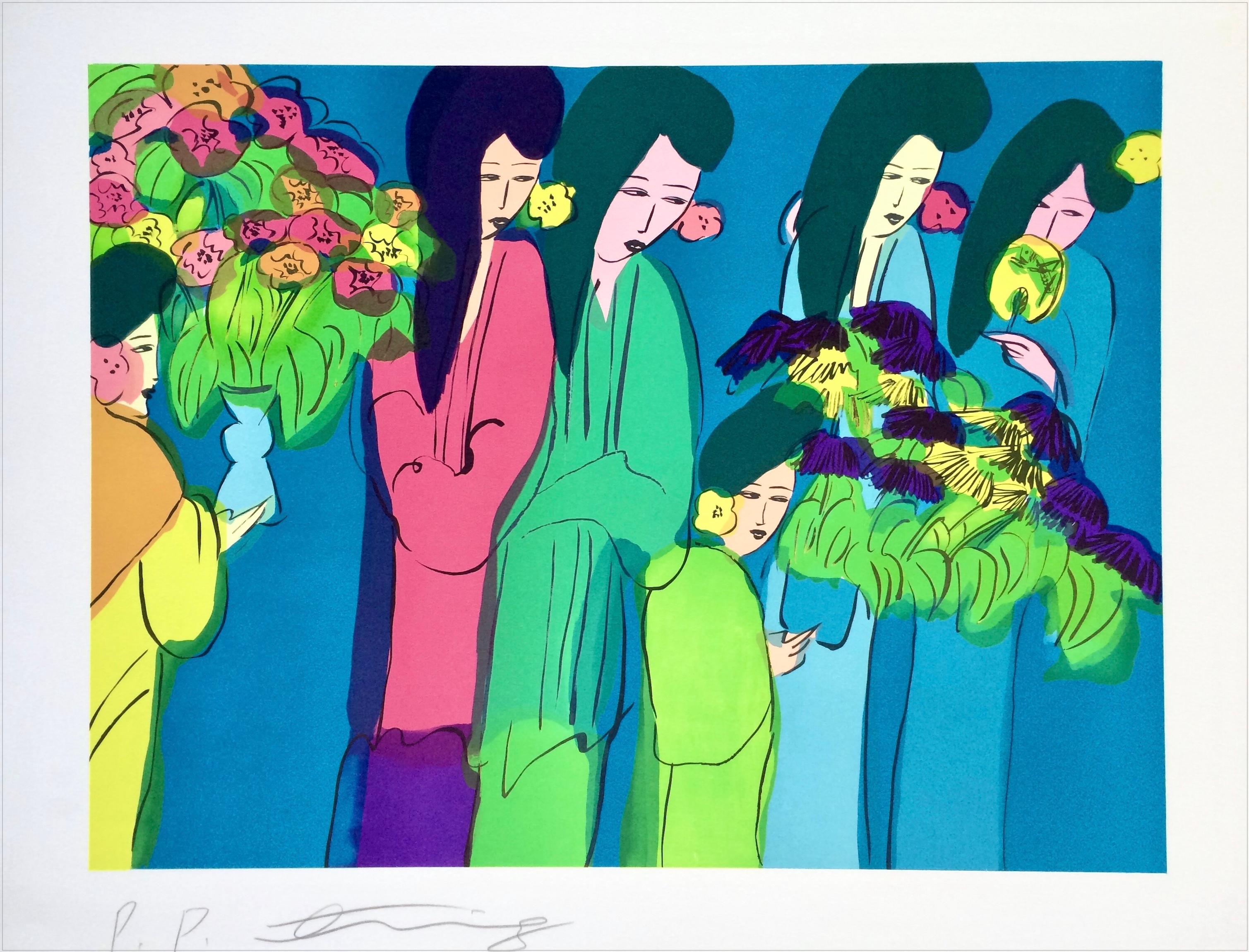 SEI GEISHA CON FIORI Litografia firmata Donne asiatiche con capelli lunghi Kimono blu alzavola