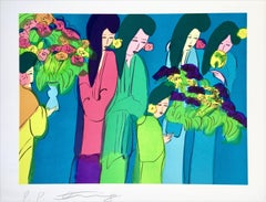 SEI GEISHA CON FIORI Litografia firmata Donne asiatiche con capelli lunghi Kimono blu alzavola