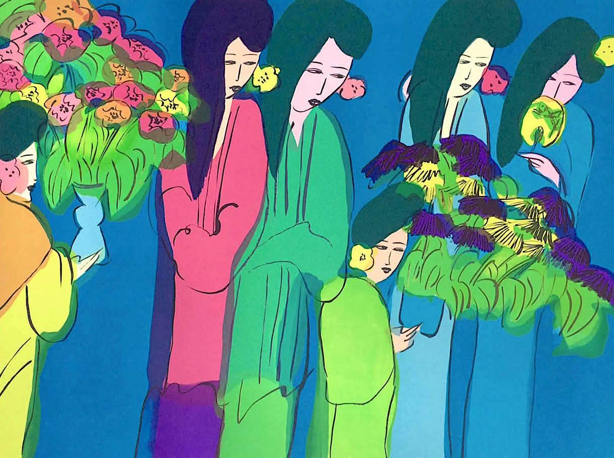 SIX GEISHA WITH FLOWERS Signed Lithograph Asian Women Kimonos Flowers Teal Blue - Print by Walasse Ting