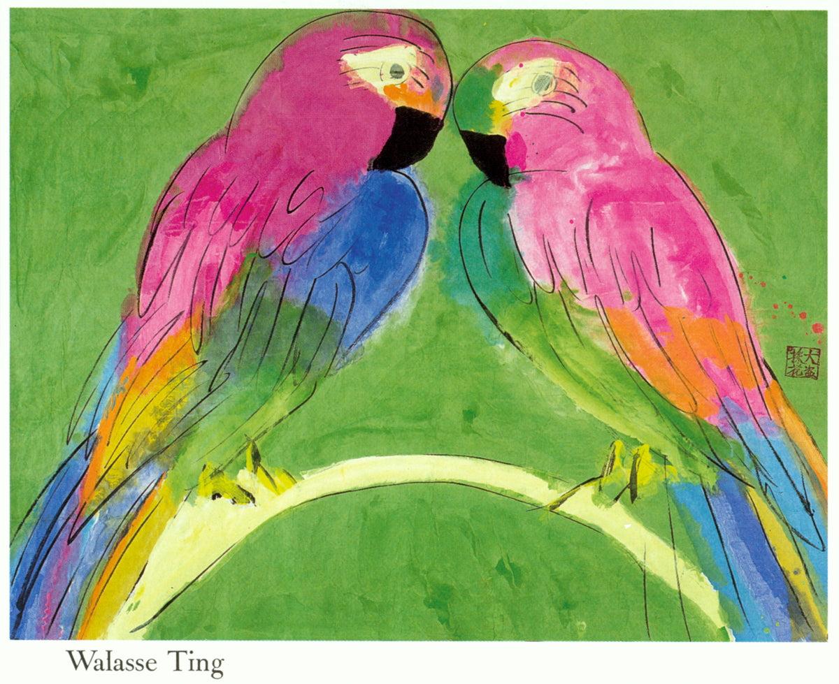 In this very large piece titled 2 Parrots, Walasse Ting captures a tender moment between two parrots sharing a moment of love on a branch. The artwork bursts with vibrant tropical hues of green, red, and shades of blue, creating a visually striking