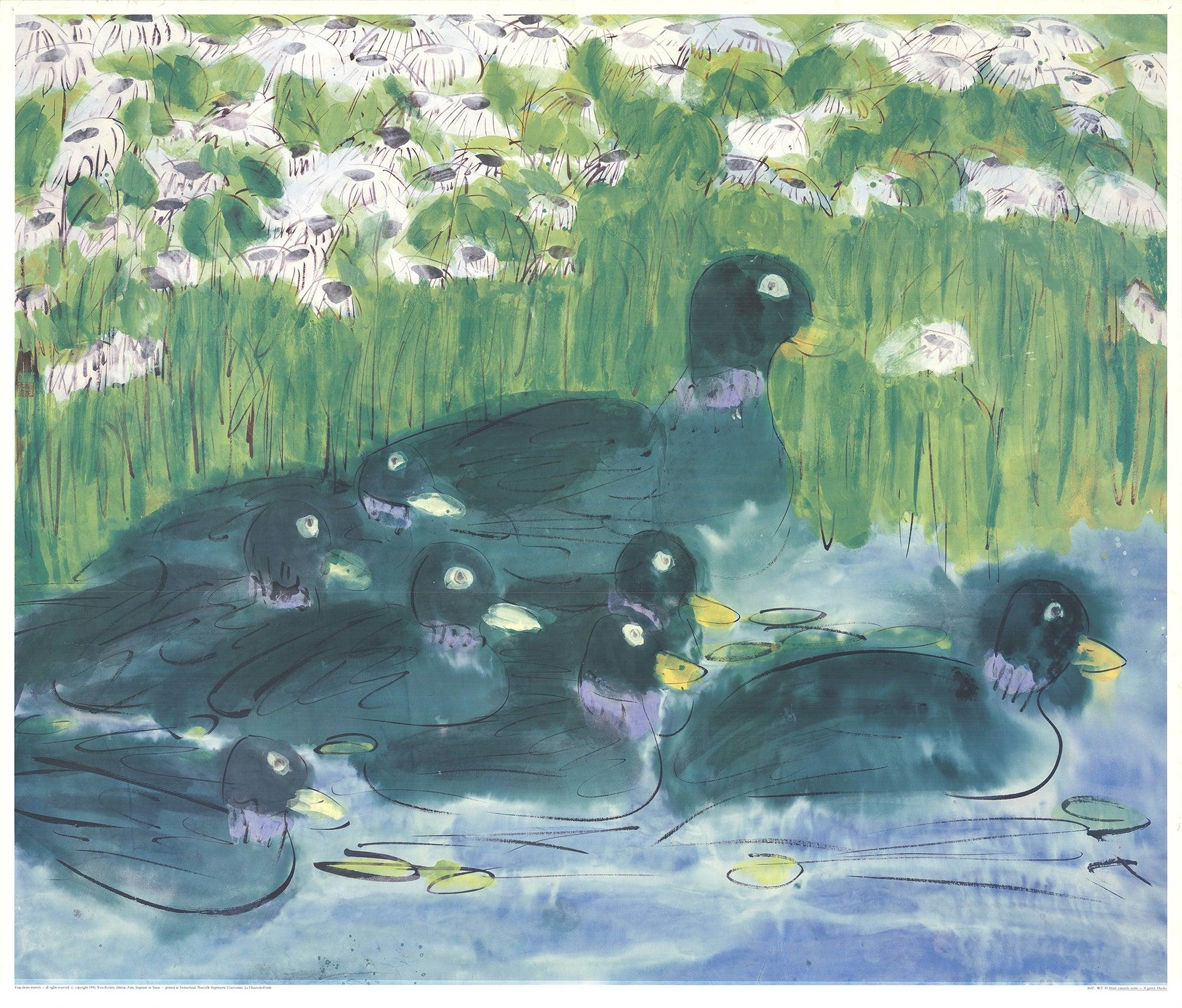 Original exhibition poster titled 8 Green Ducks by Wallace Ting, published in France in 1982 by Yves Rivière. Known for his vibrant and poetic imagery that blends Eastern and Western influences, Ting’s work is celebrated for its lyrical use of color