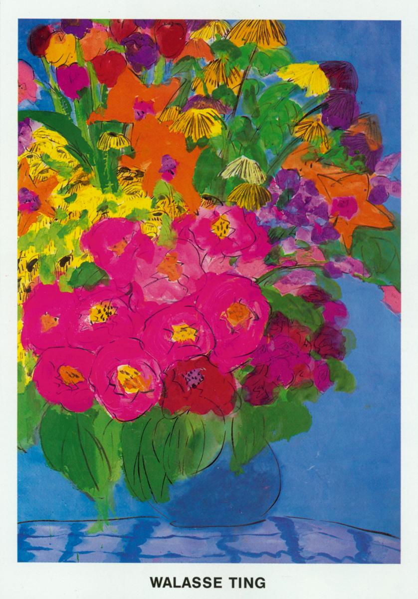 In The Colorful Bouquet of Flowers, Walasse Ting presents a vibrant explosion of multicolored flowers, bursting upwards like fireworks on the 4th of July. Set against a soft light blue background, the contrast creates a breathtaking visual impact,
