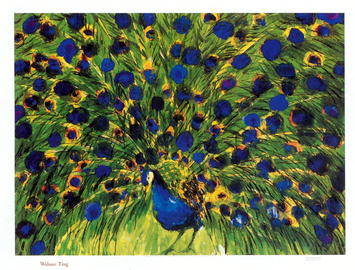 Walasse Ting masterfully recreates a peacock in full display, using an electrifying palette of bright blues and greens, with touches of yellow illuminating the background. The peacock's feathers fan out in a vibrant spectacle, showcasing Ting's