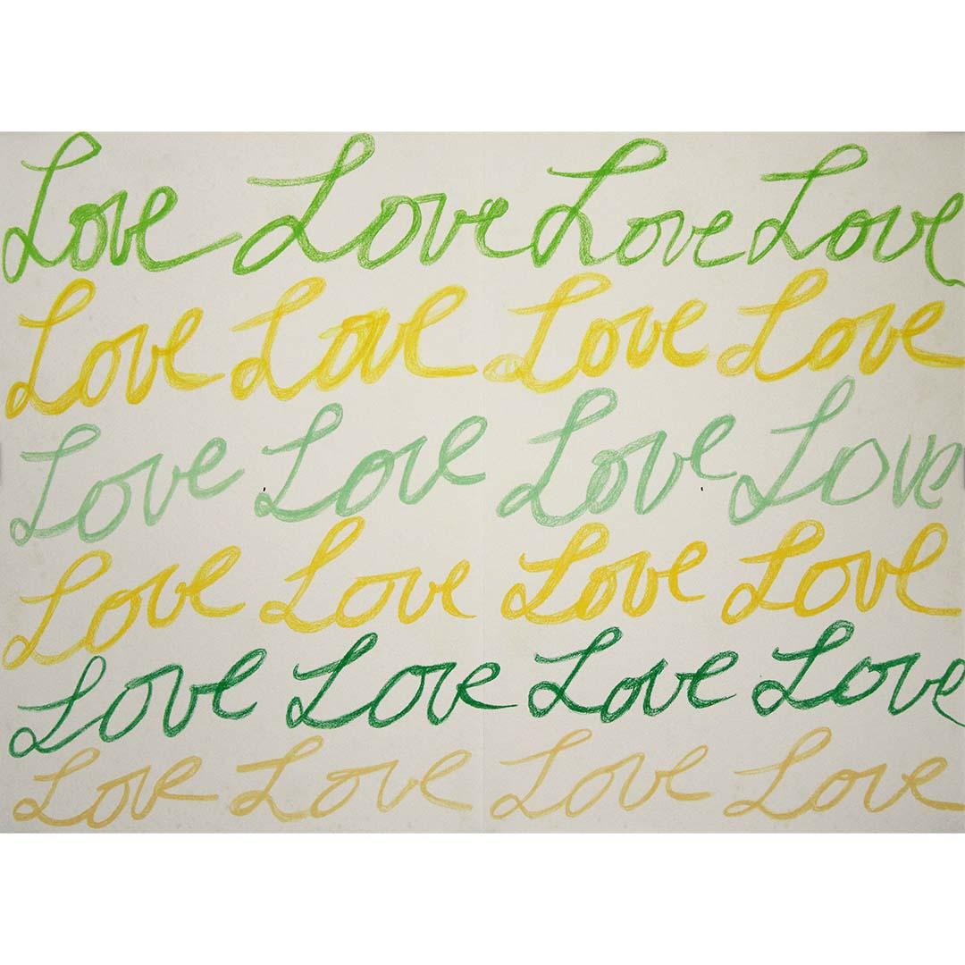 La lithographie "Love en jaune et vert", créée par Walasse Ting dans le cadre de la série "Album Love" en 1991 et publiée par Yves Rivière à Paris, est une œuvre d'art minimaliste mais percutante. Dominée par les mots "Love" écrits en vert et jaune,