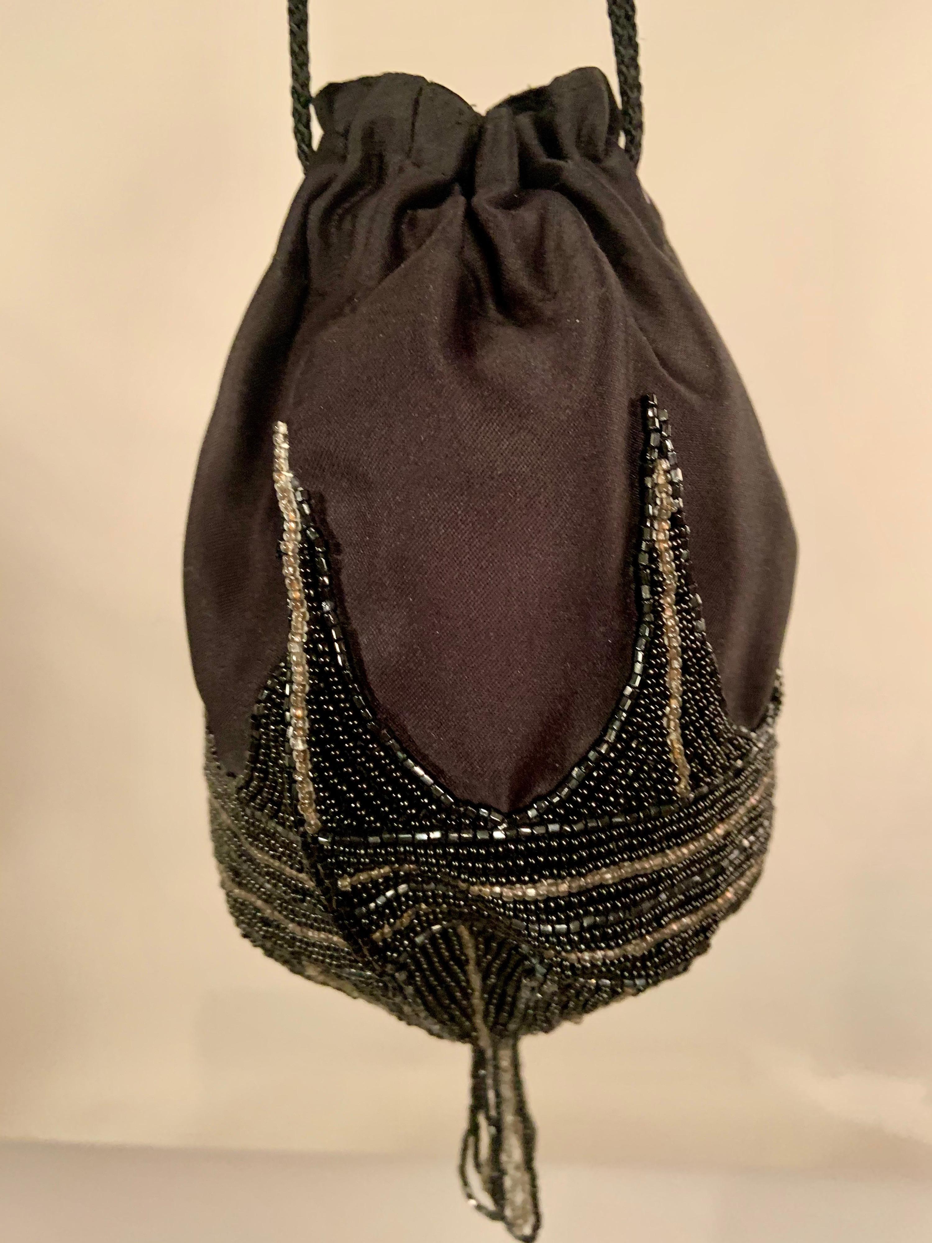 Black Walborg 1970's Beaded Satin Evening Bag in the Art Deco Style