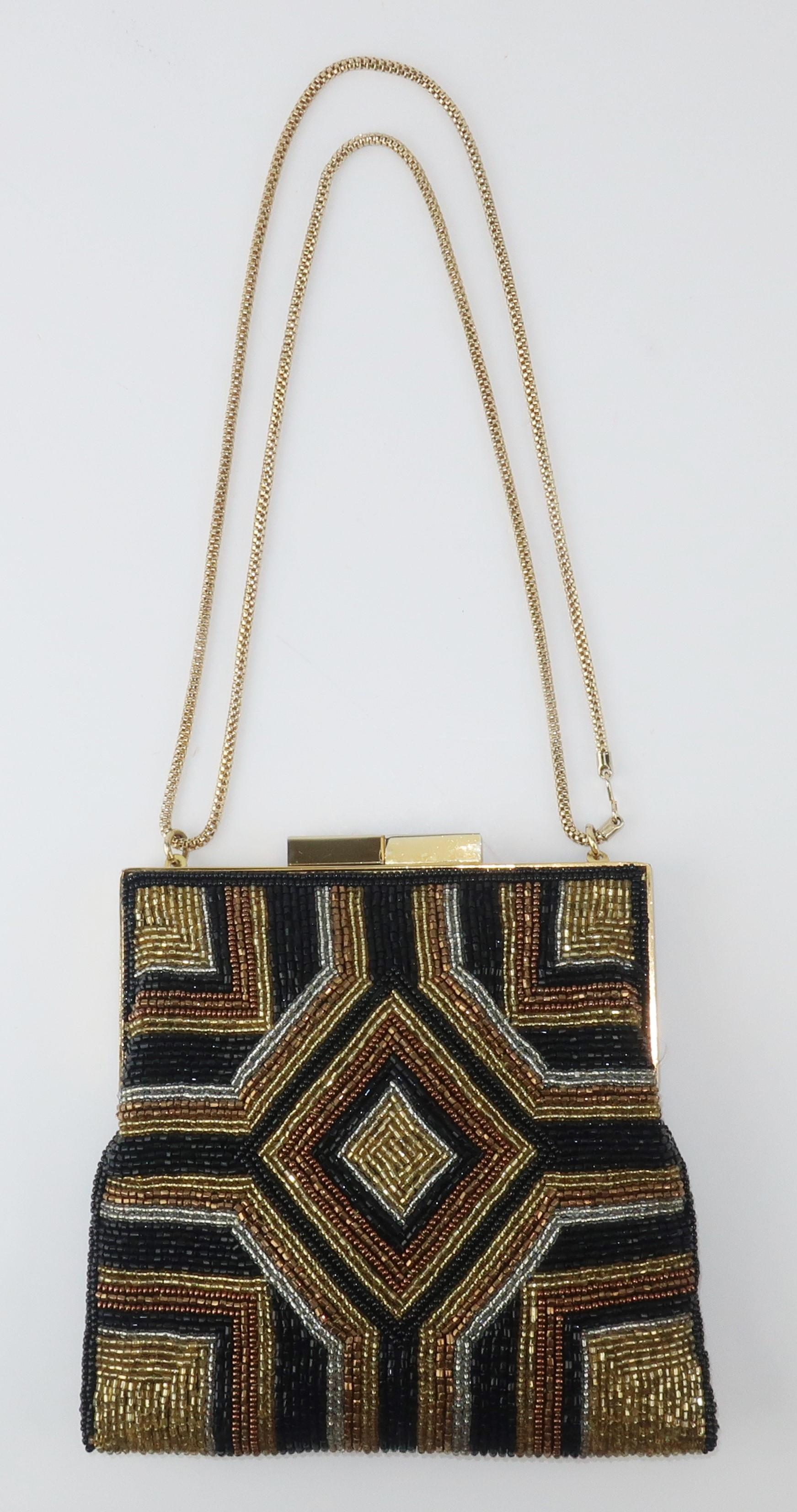 Hilde Walborg founded her company in the 1940's and was always in search of the best handmade beading for her designs.  This glamorous evening handbag combines an art deco aesthetic with a disco vibe all in an intricate pattern of gold, bronze and