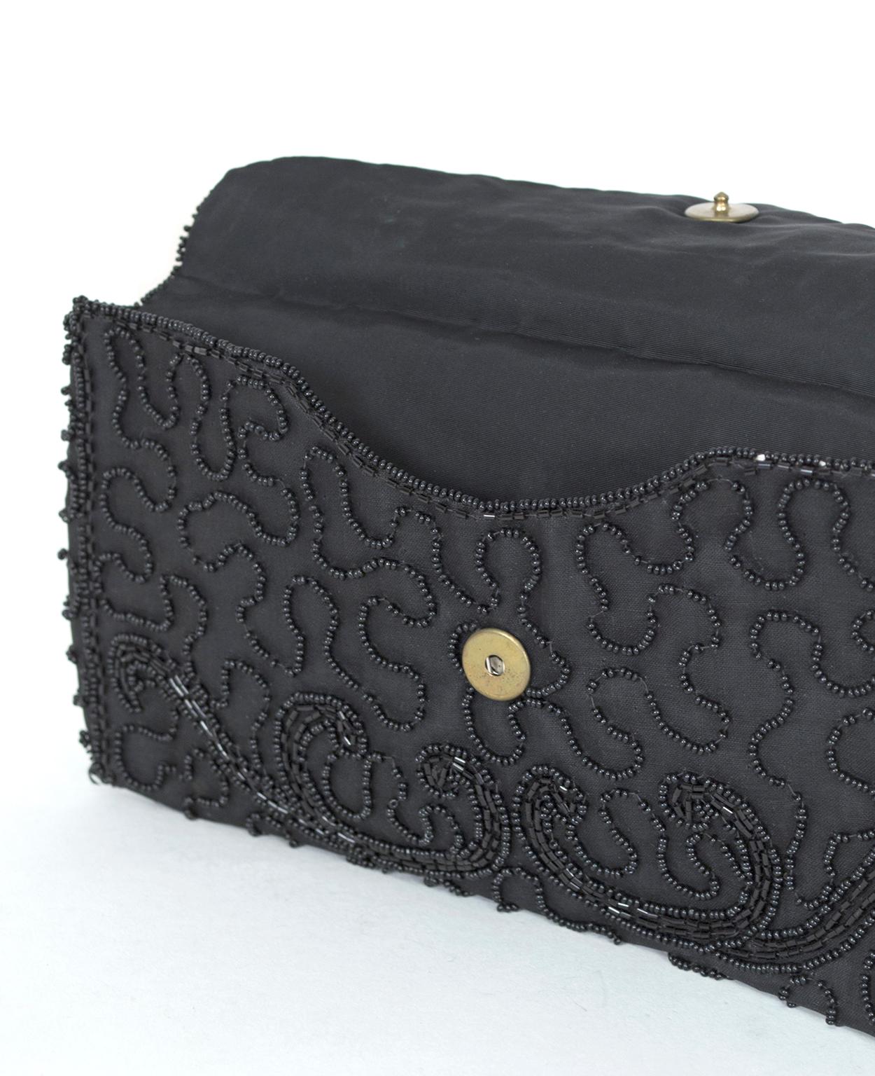 Women's Walborg Black Hand Beaded Envelope Evening Clutch Purse, Belgium – 1950s For Sale