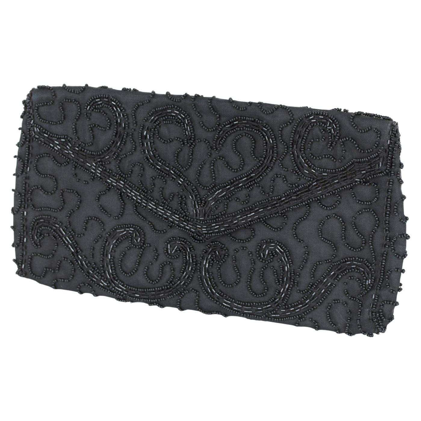 Walborg Black Hand Beaded Envelope Evening Clutch Purse, Belgium – 1950s For Sale