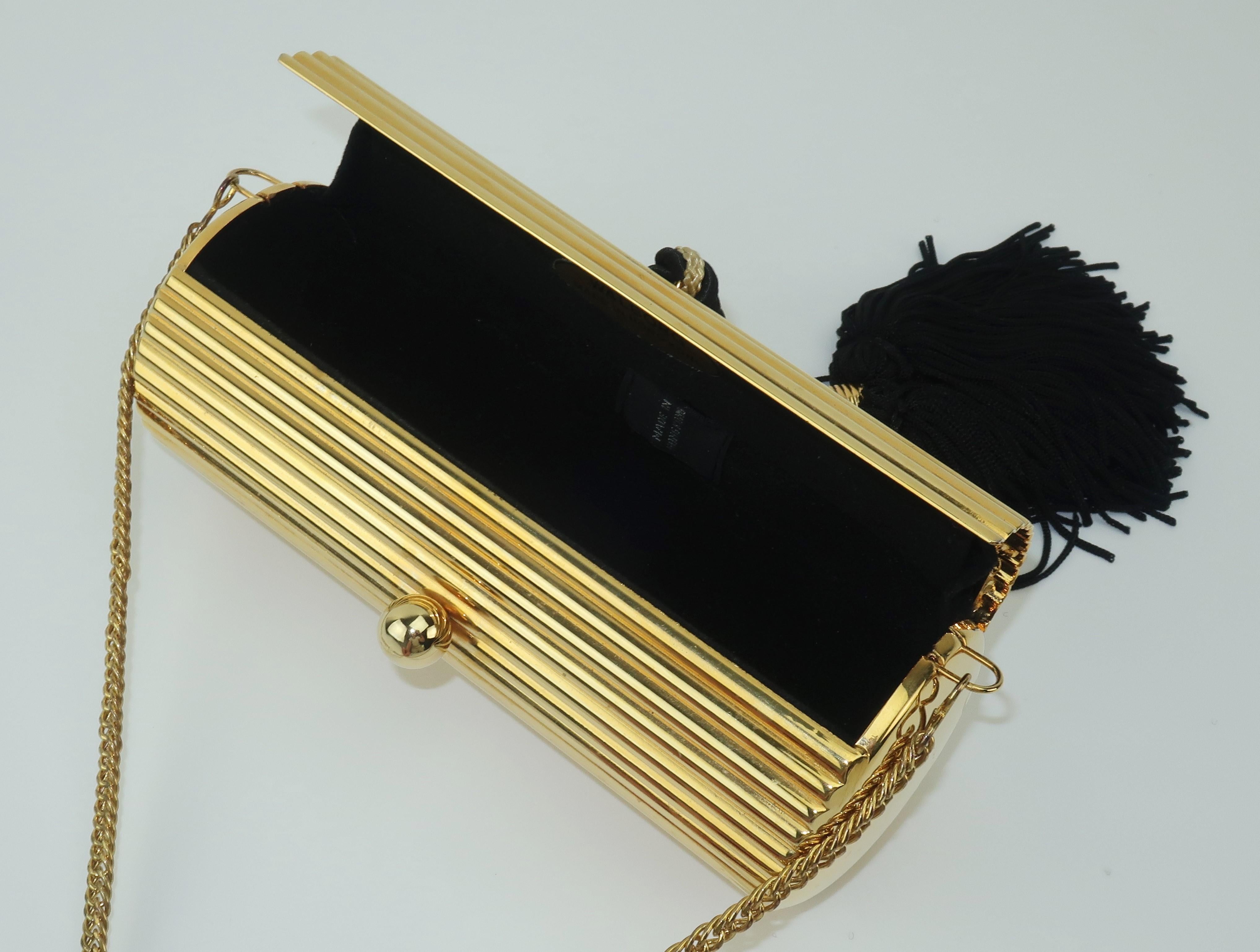 Walborg Gold Metal Cylinder Handbag With Black Tassel Closure In Good Condition In Atlanta, GA