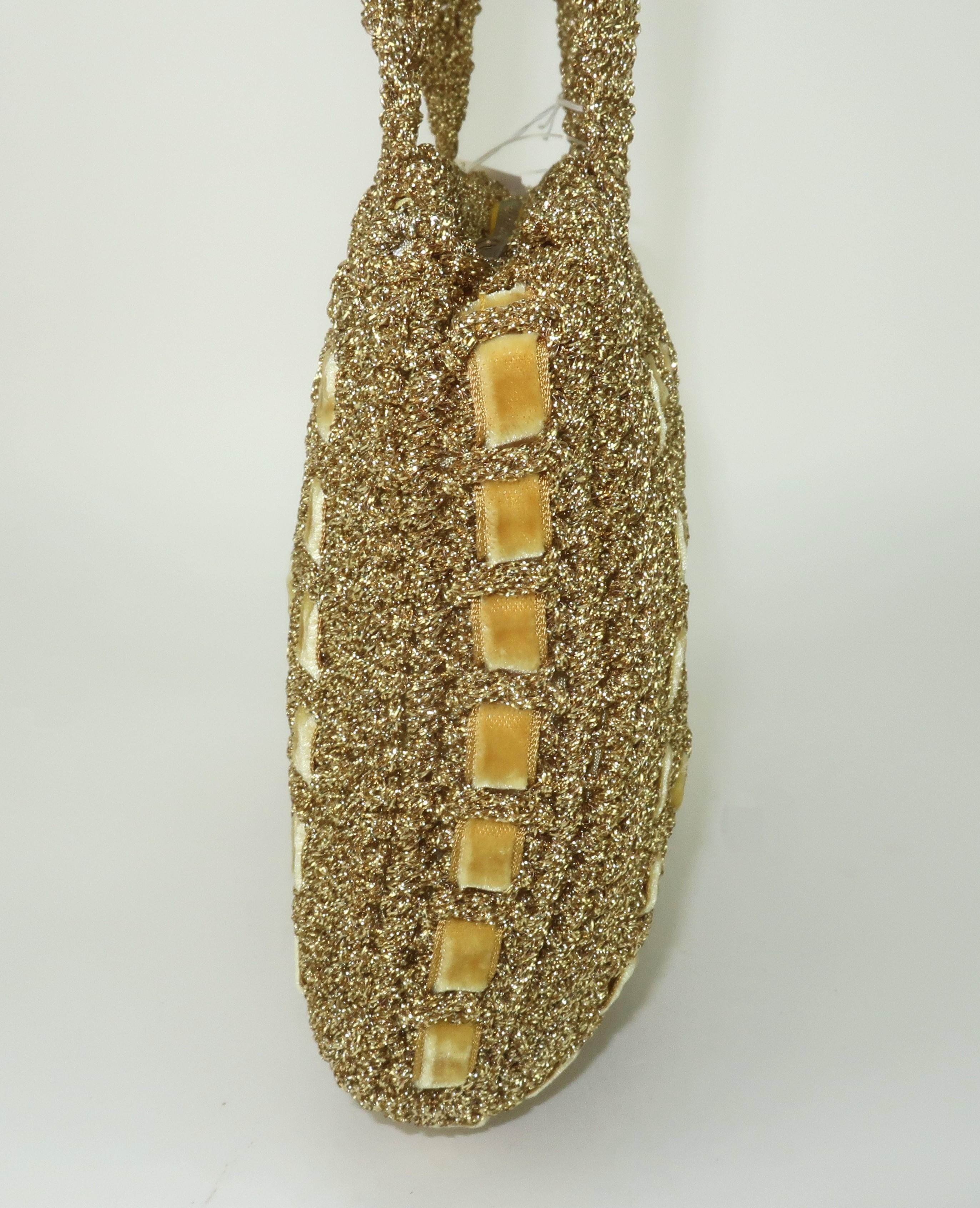 Walborg Italian Gold Crochet Handbag With Velvet Accents, 1960's For Sale 6