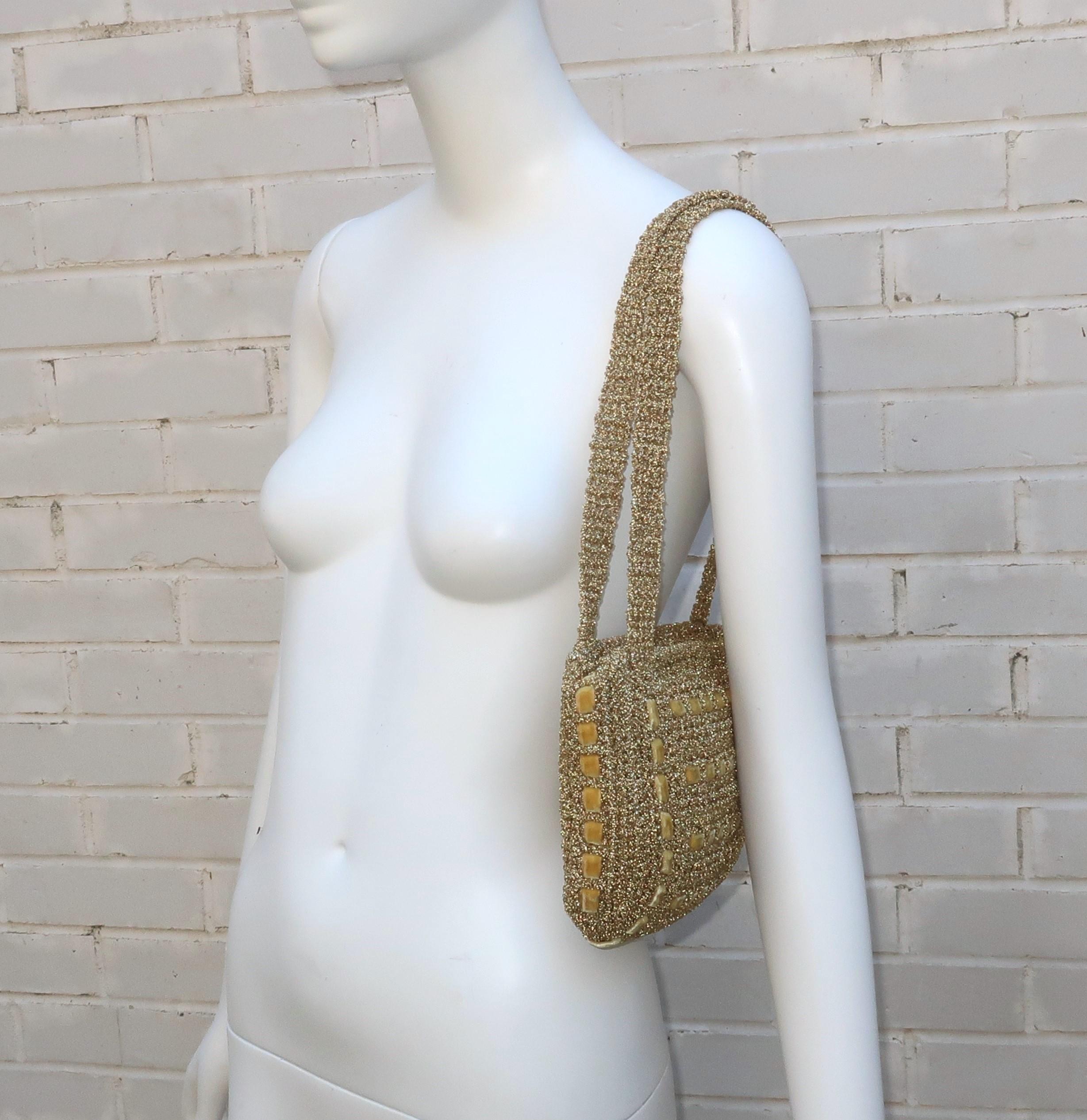 Walborg Italian Gold Crochet Handbag With Velvet Accents, 1960's For Sale 7