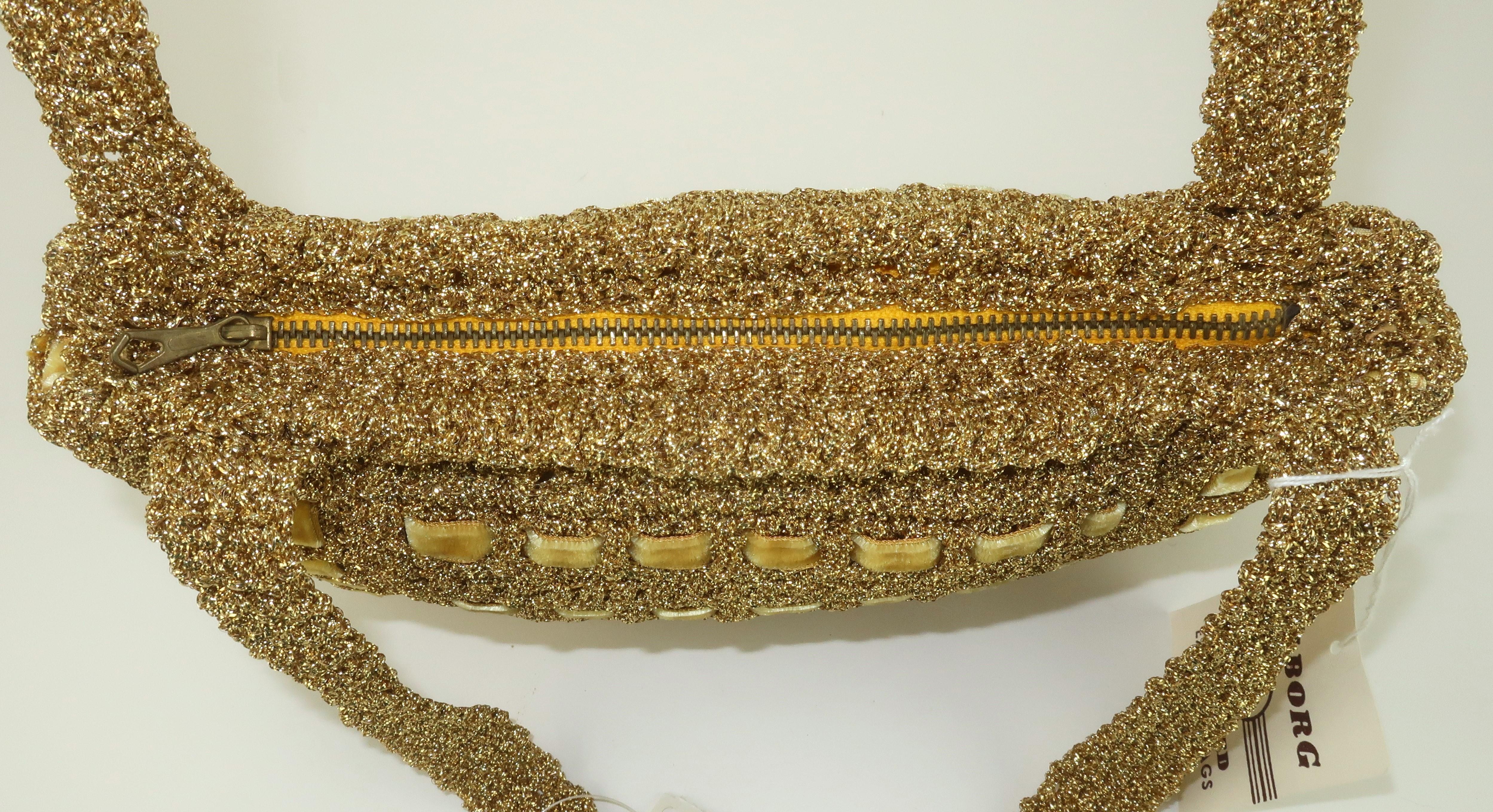 Walborg Italian Gold Crochet Handbag With Velvet Accents, 1960's For Sale 2