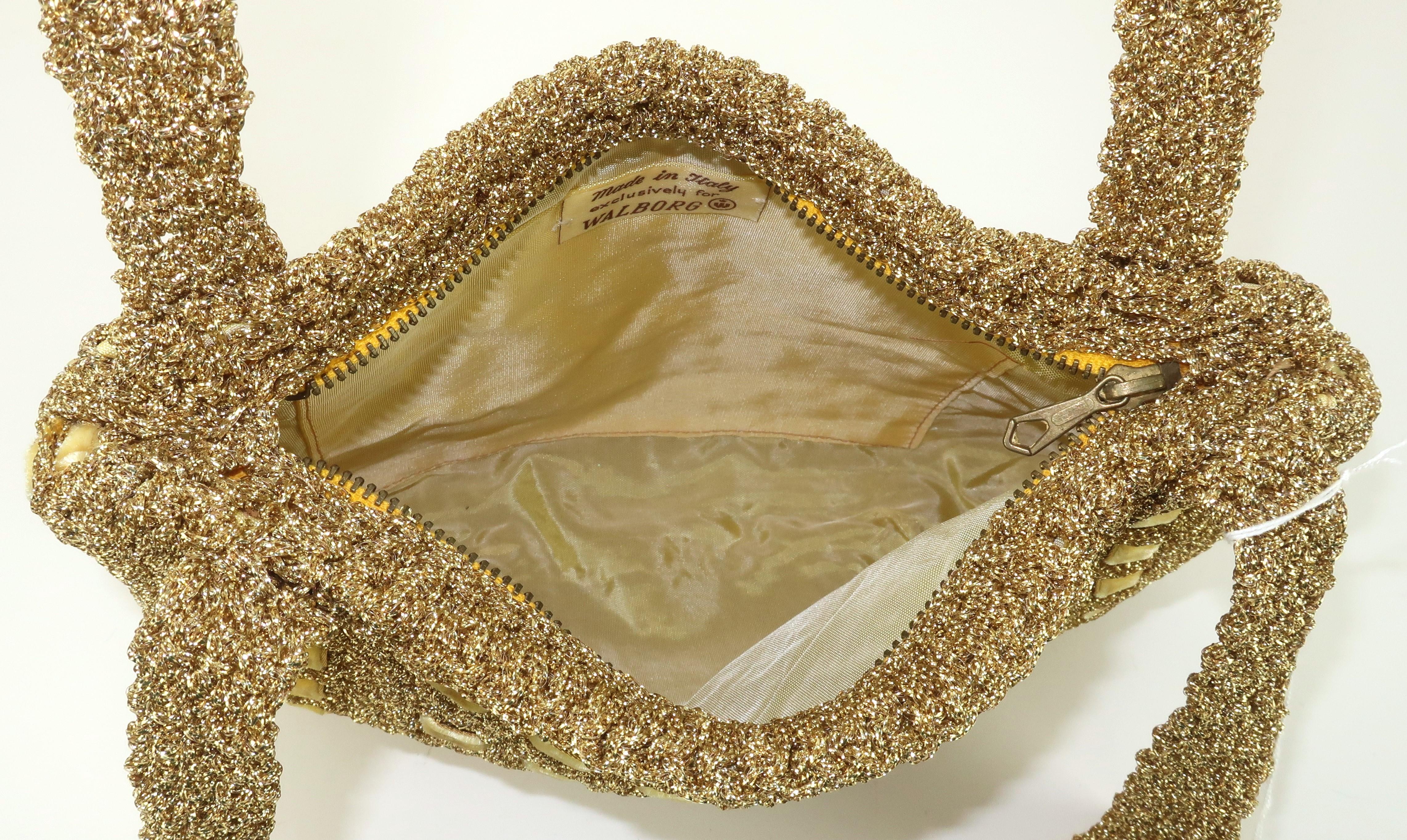 Walborg Italian Gold Crochet Handbag With Velvet Accents, 1960's For Sale 3