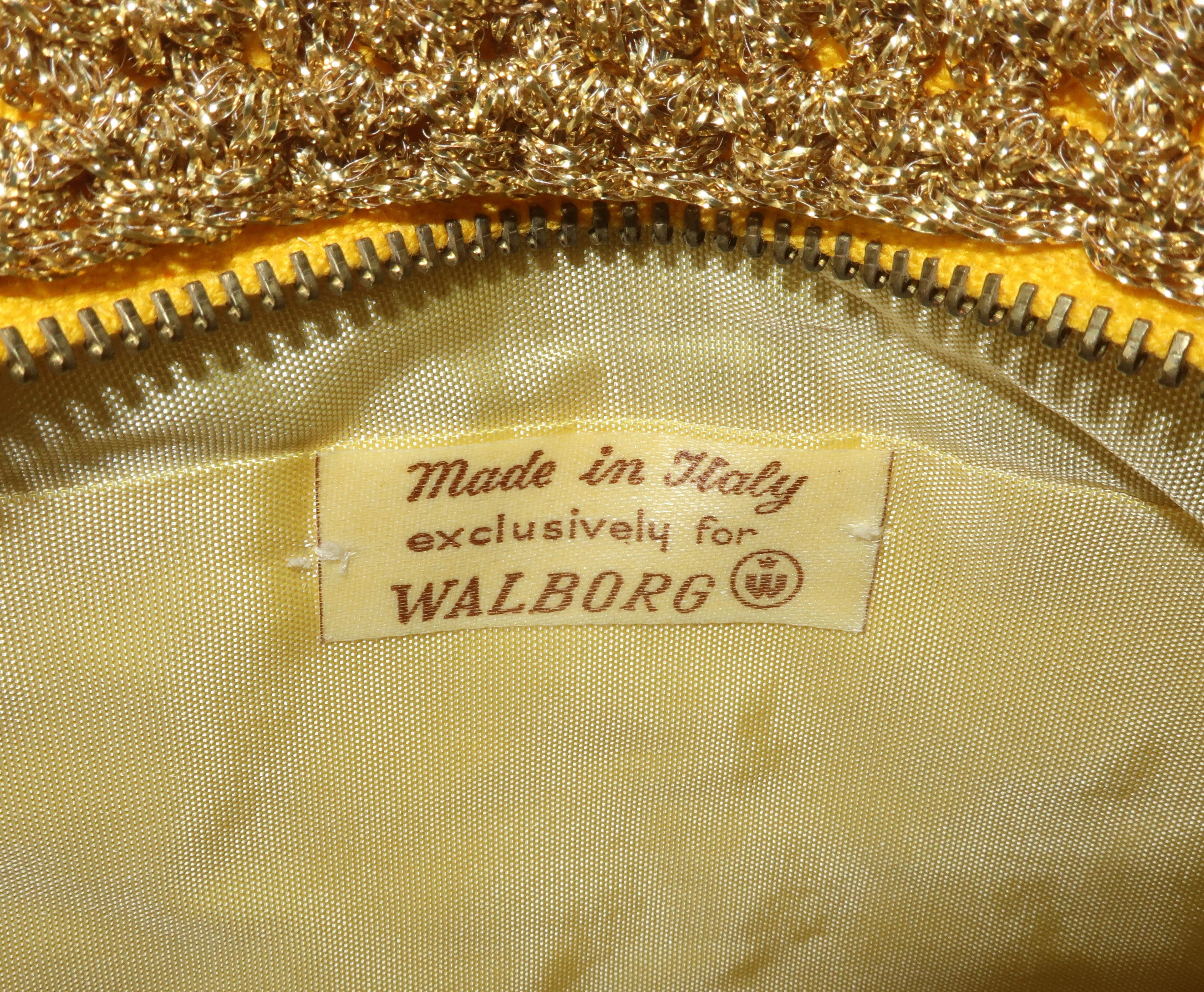 Walborg Italian Gold Crochet Handbag With Velvet Accents, 1960's For Sale 4