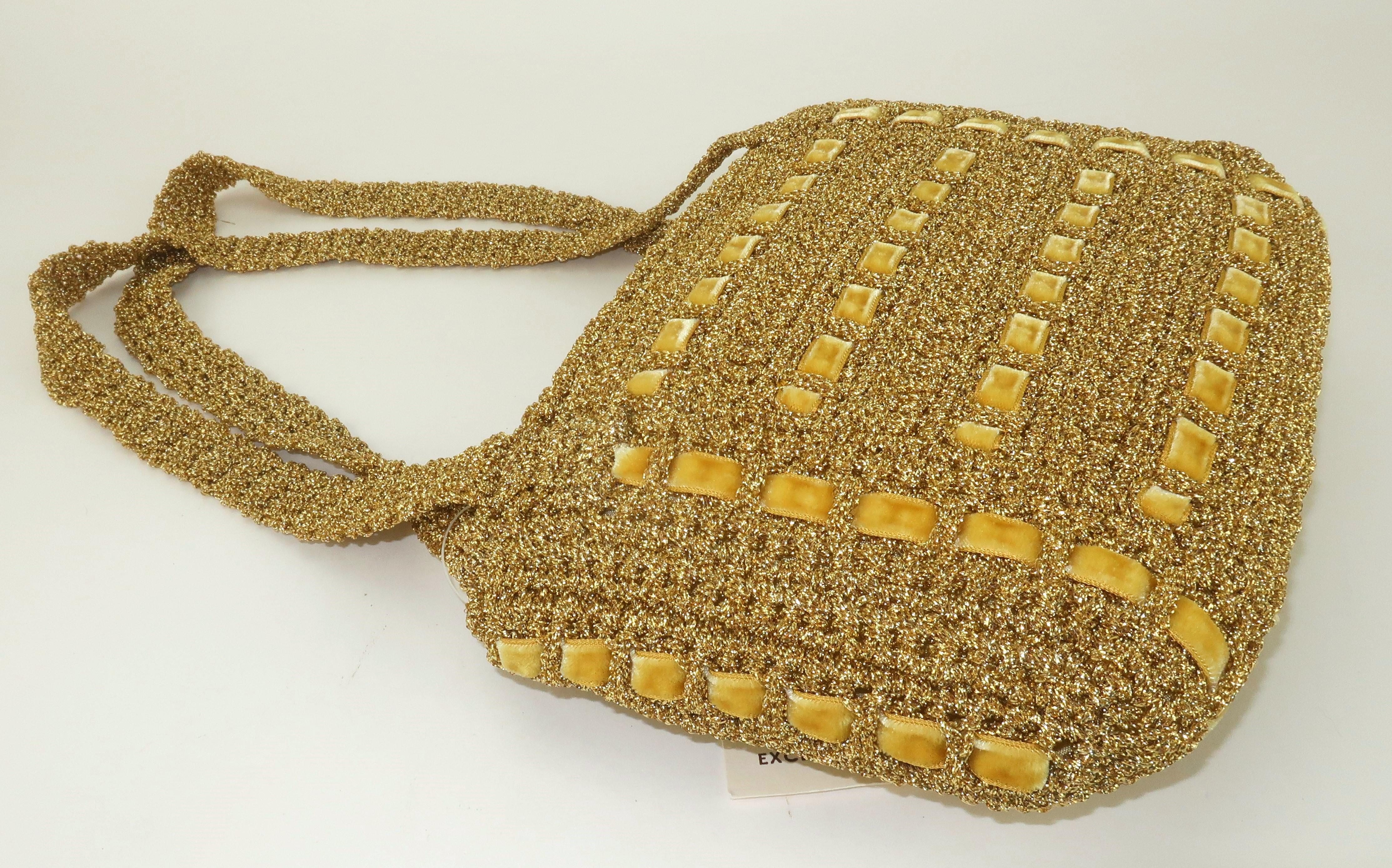 Walborg Italian Gold Crochet Handbag With Velvet Accents, 1960's For Sale 5