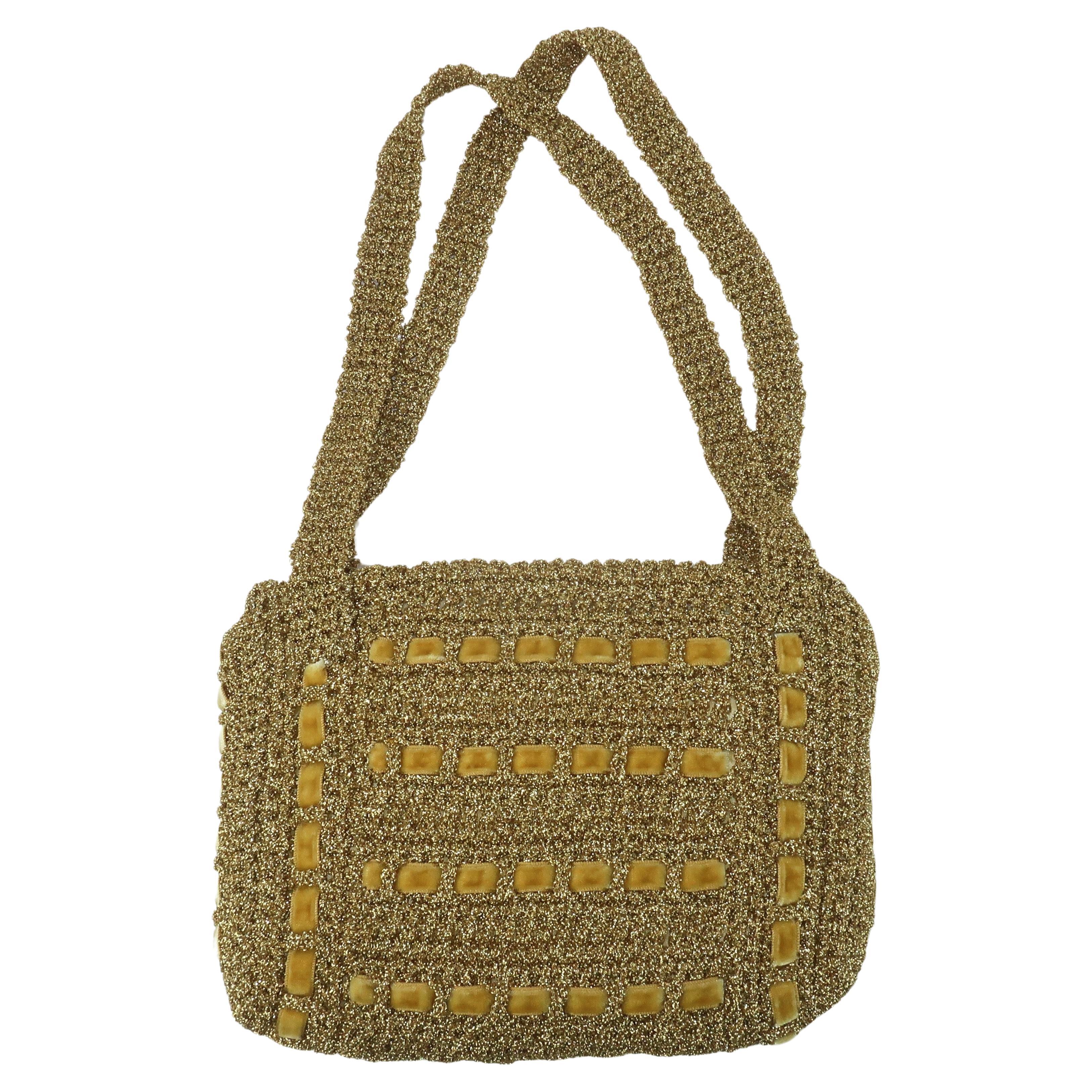 Walborg Italian Gold Crochet Handbag With Velvet Accents, 1960's For Sale