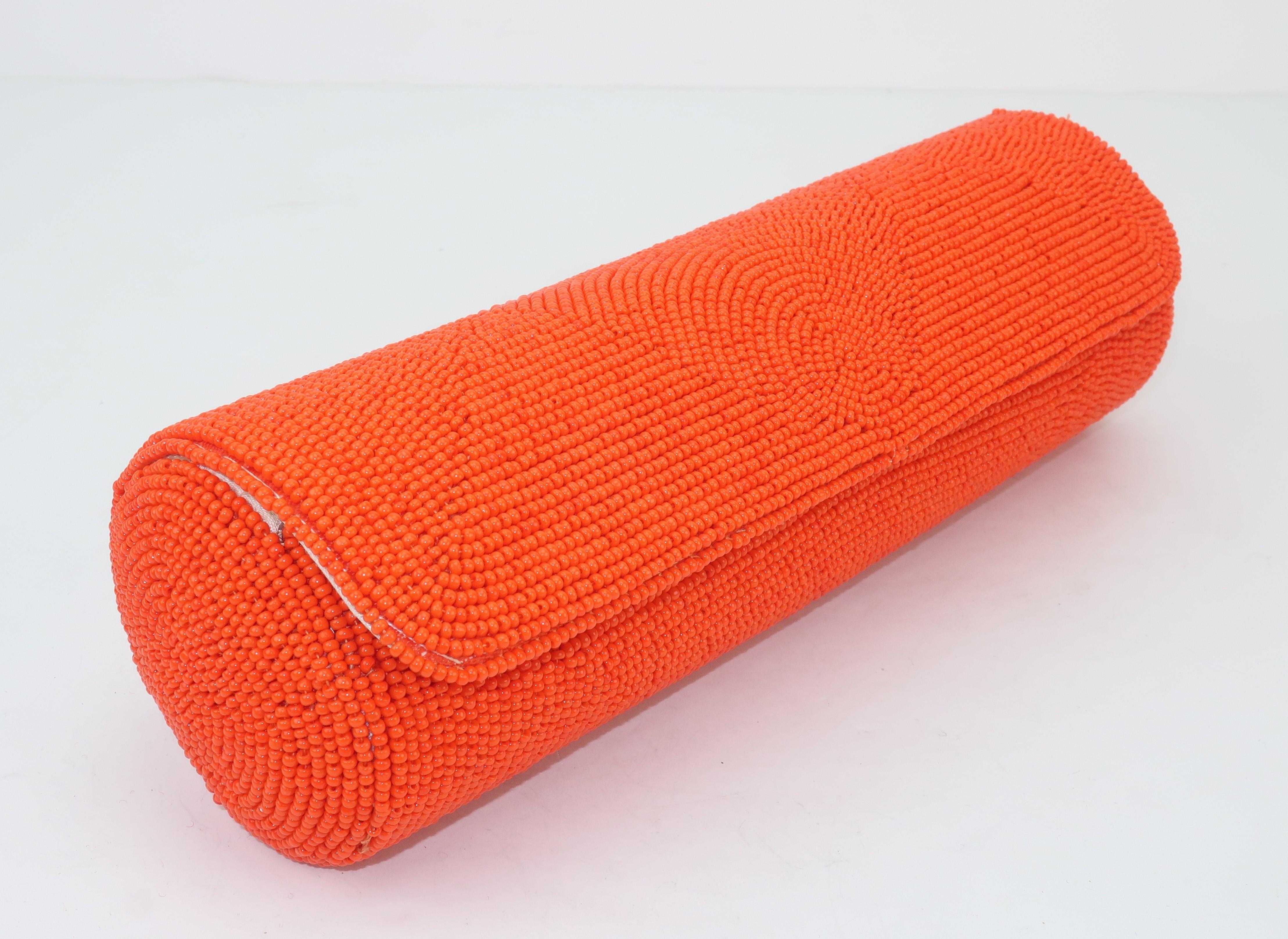 Red Walborg Mod 1960's Orange Beaded Clutch Handbag