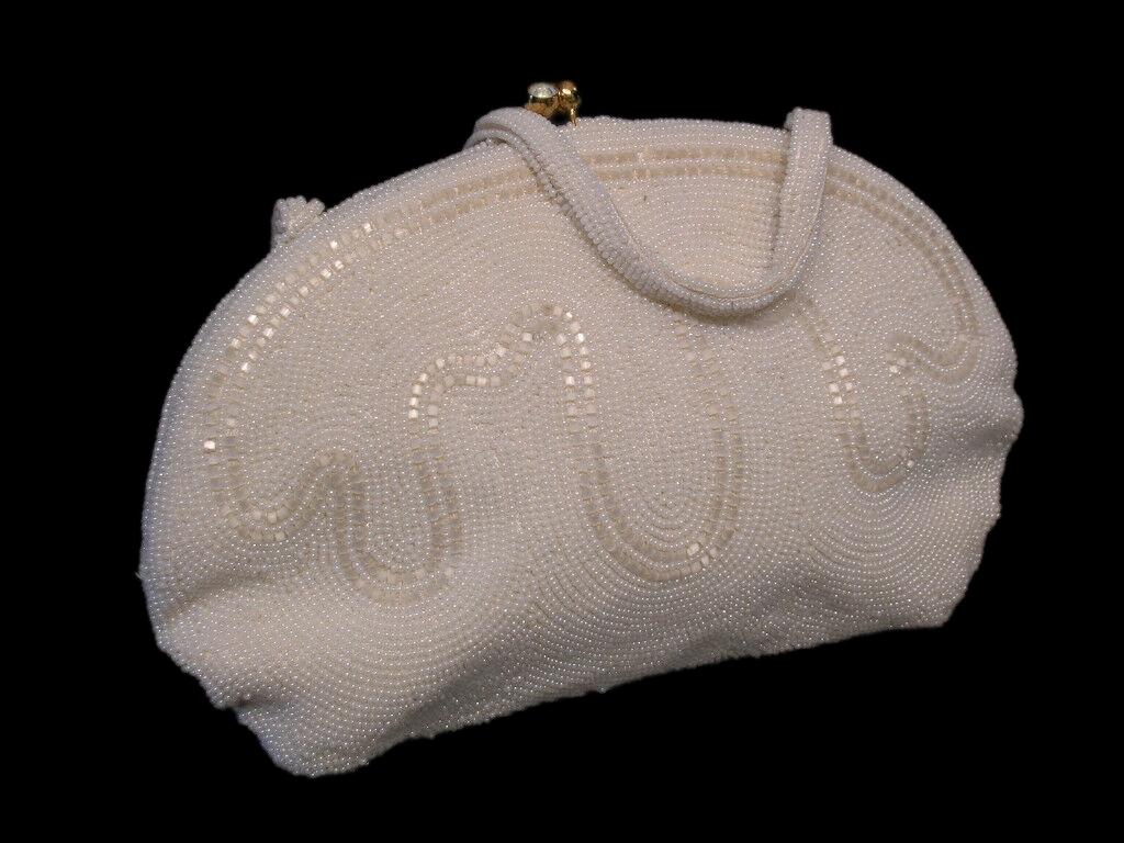 WALBORG - Vintage hand-sewn and finely beaded dress/evening handbag - rhinestone and gold tone metal clasp/closure - fully beaded strap - ivory sateen lining - original label fixed to the interior - original double sided hand mirror - Japan - circa