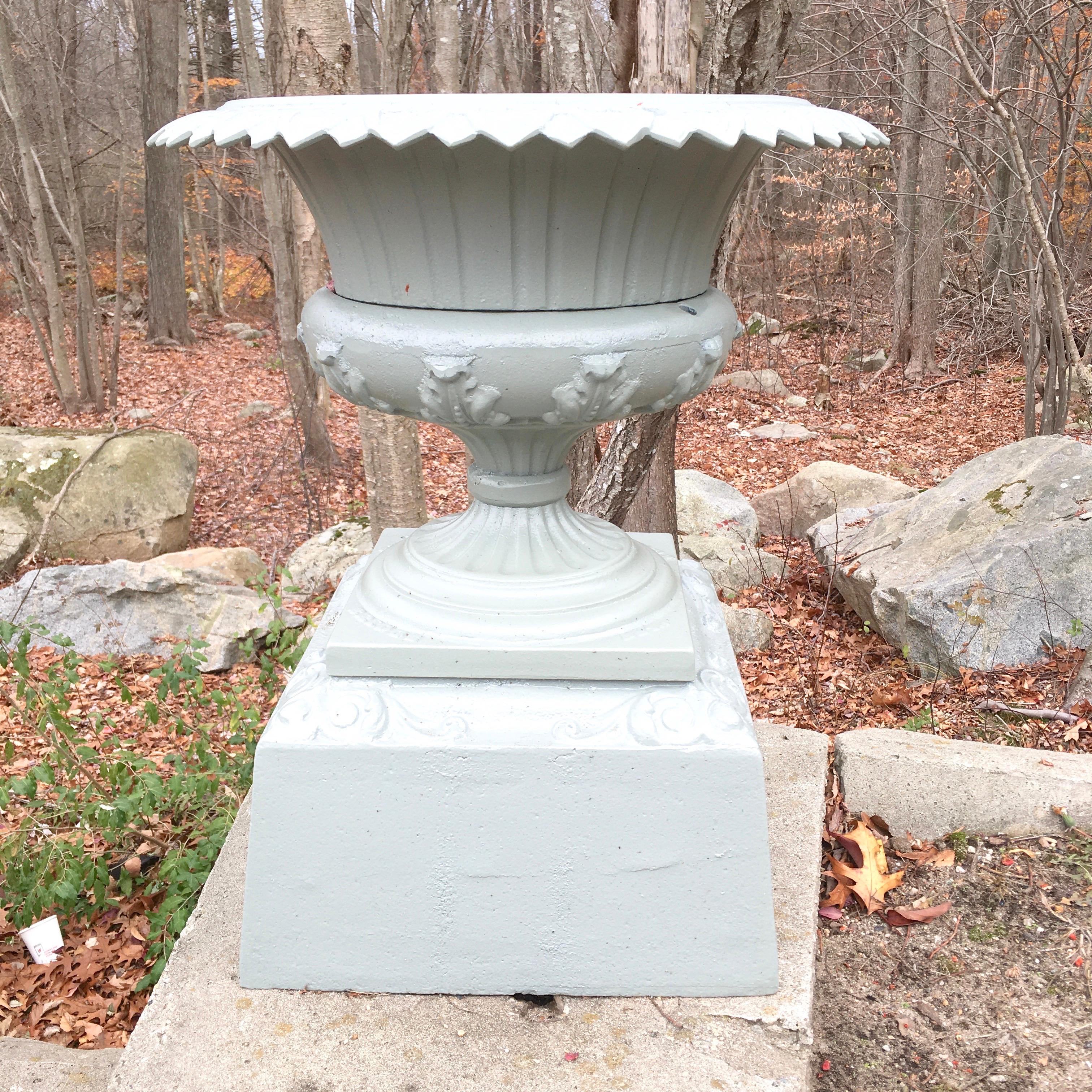 Cast iron reservoir vase by Walbridge & Co. of Buffalo, NY. In four sections. See image 3 for detailed dimensions.
This has been professionally sandblasted and powder coated in light grey.
See our separate listings for other garden urns and