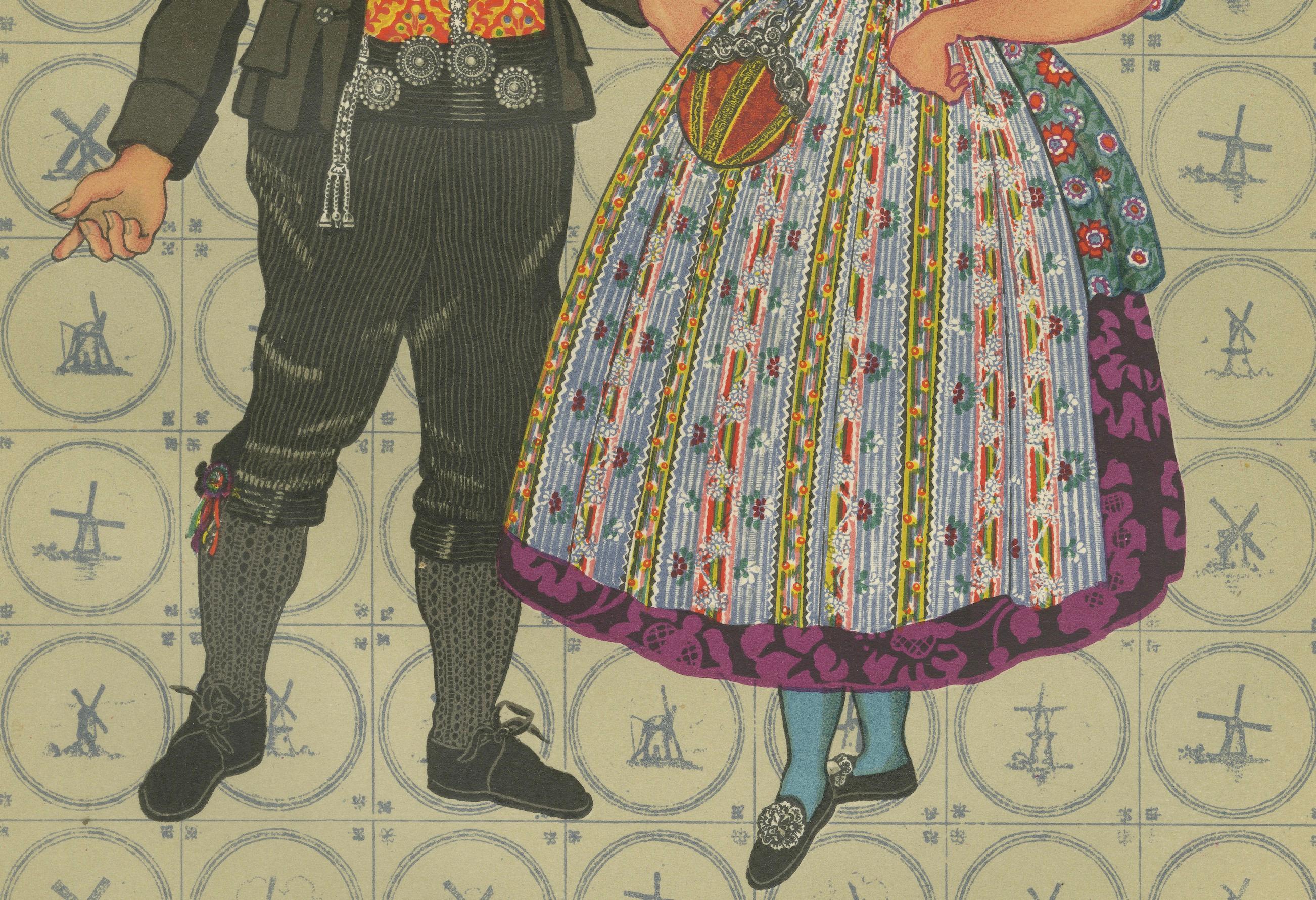 Walcheren-Paar in leuchtendem Festkleid, 1780-1870, mit Pariser Eleganz

Diese detailreiche Illustration von Tafel XLIII aus *Die Nationaltrachten der Niederlande* bietet einen lebendigen und feierlichen Blick auf die traditionelle Kleidung der