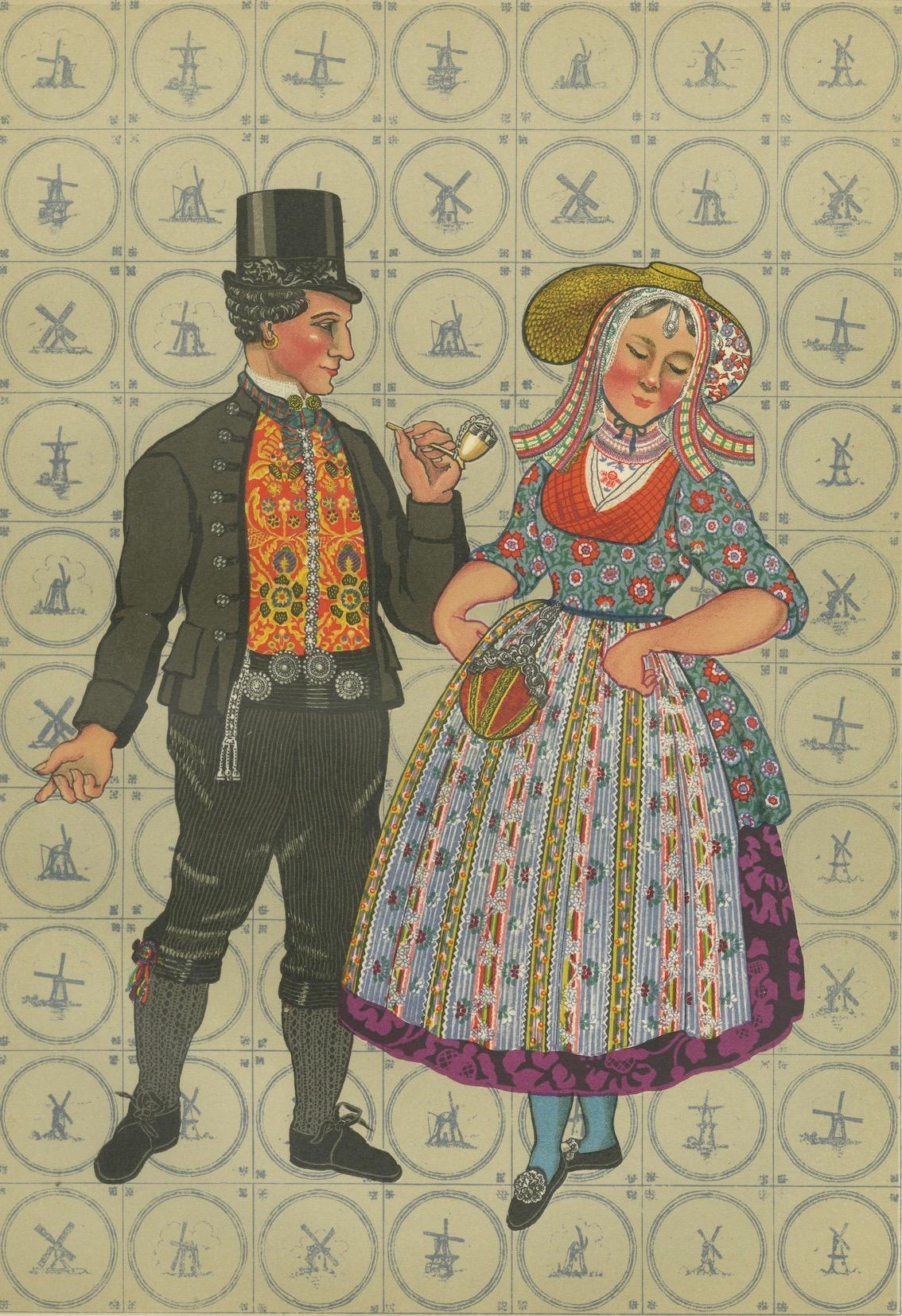 Walcheren-Paar in leuchtendem Festkleid, 1780-1870, mit Pariser Eleganz im Angebot 1