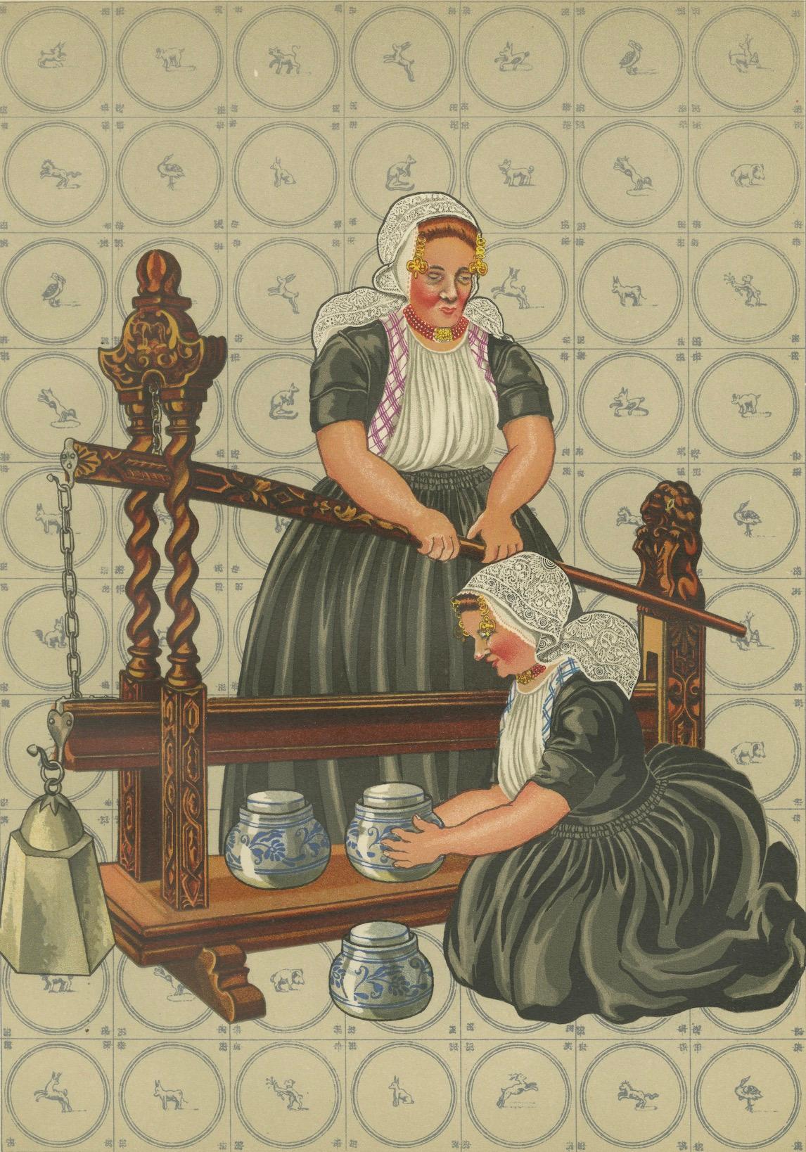 Carta Walcheren Townes: Donne di Middelburg-Ambacht in una pressa per il formaggio, 1932 in vendita