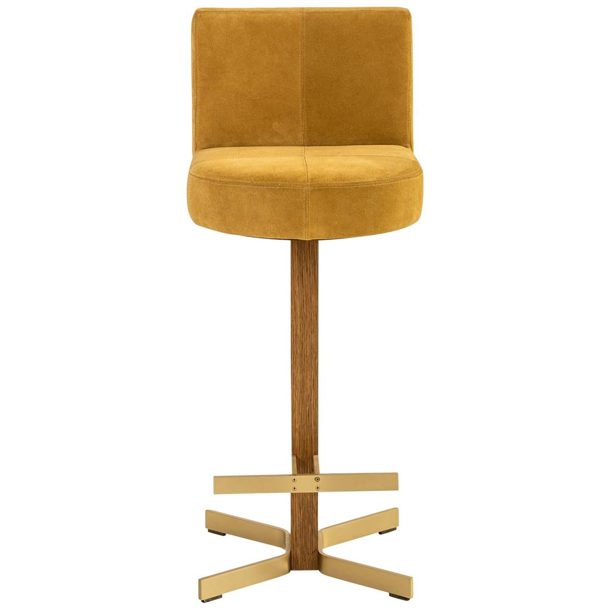 Walcott Barstool with Back, Oak + Brass Base with COL or COM Seat 