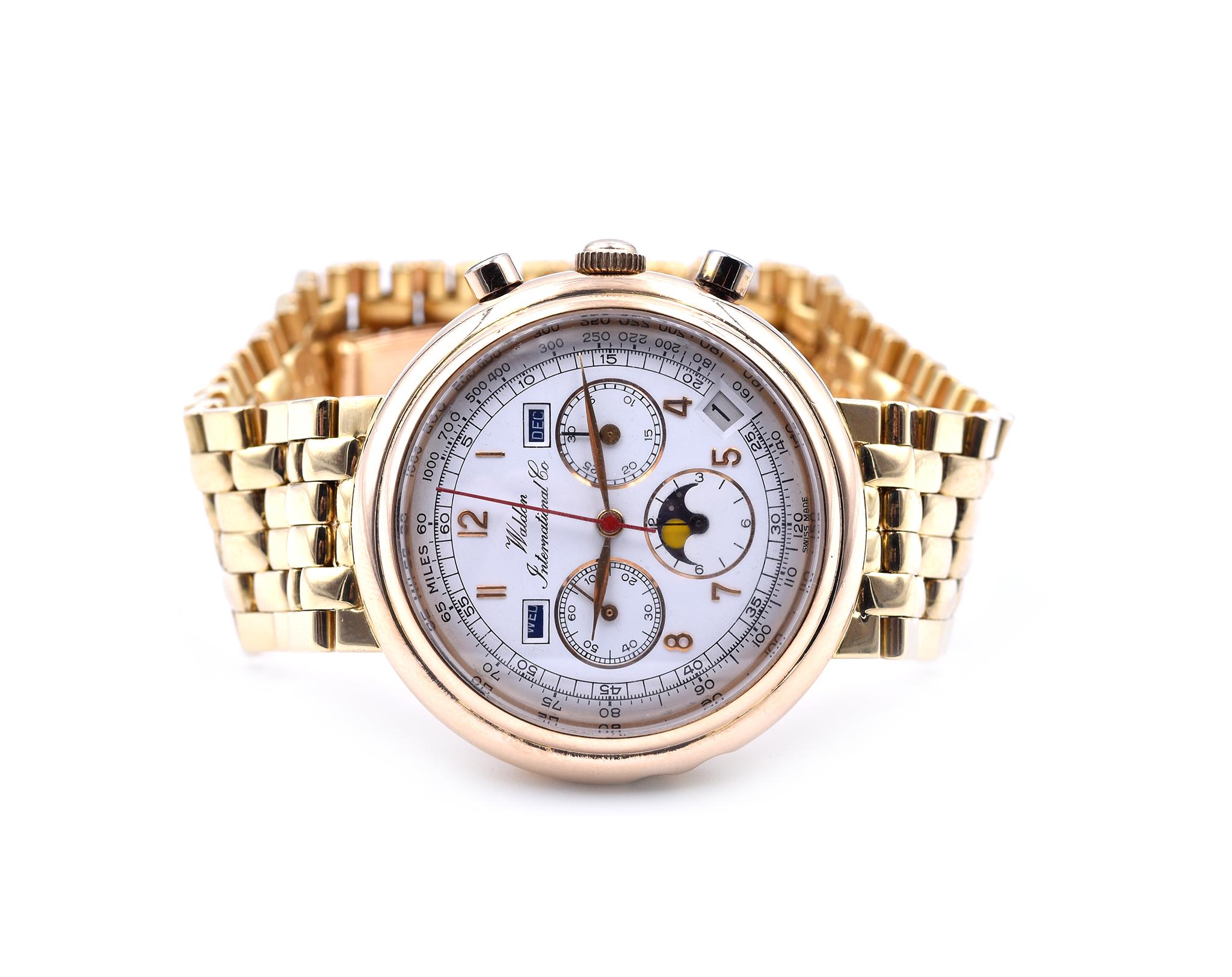 Movement: automatic
Function: hours, minutes, seconds, date, weekday, tachometer scale, lunar calendar, month 
Case: 39.5mm 18k yellow gold round case, sapphire crystal, pull/push crown, gold Arabic numbers
Band: 18k yellow gold bracelet
Dial: white