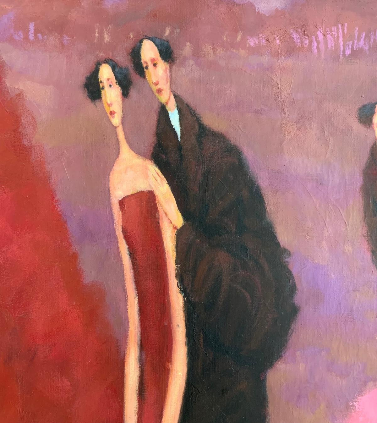 Una pelota. Pintura figurativa al óleo sobre lienzo, Rojo monocromático, artista polaco - Painting Contemporáneo de Waldemar Marszałek