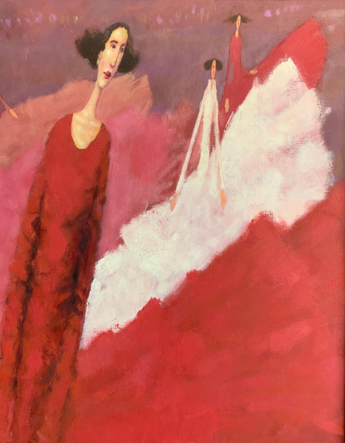 Pintura figurativa contemporánea al óleo sobre lienzo del artista polaco Waldemar Marszalek. Las ilustraciones muestran a cuatro mujeres y dos parejas. Las mujeres llevan vestidos y los hombres trajes. Una de las damas lleva un ramo de flores en las