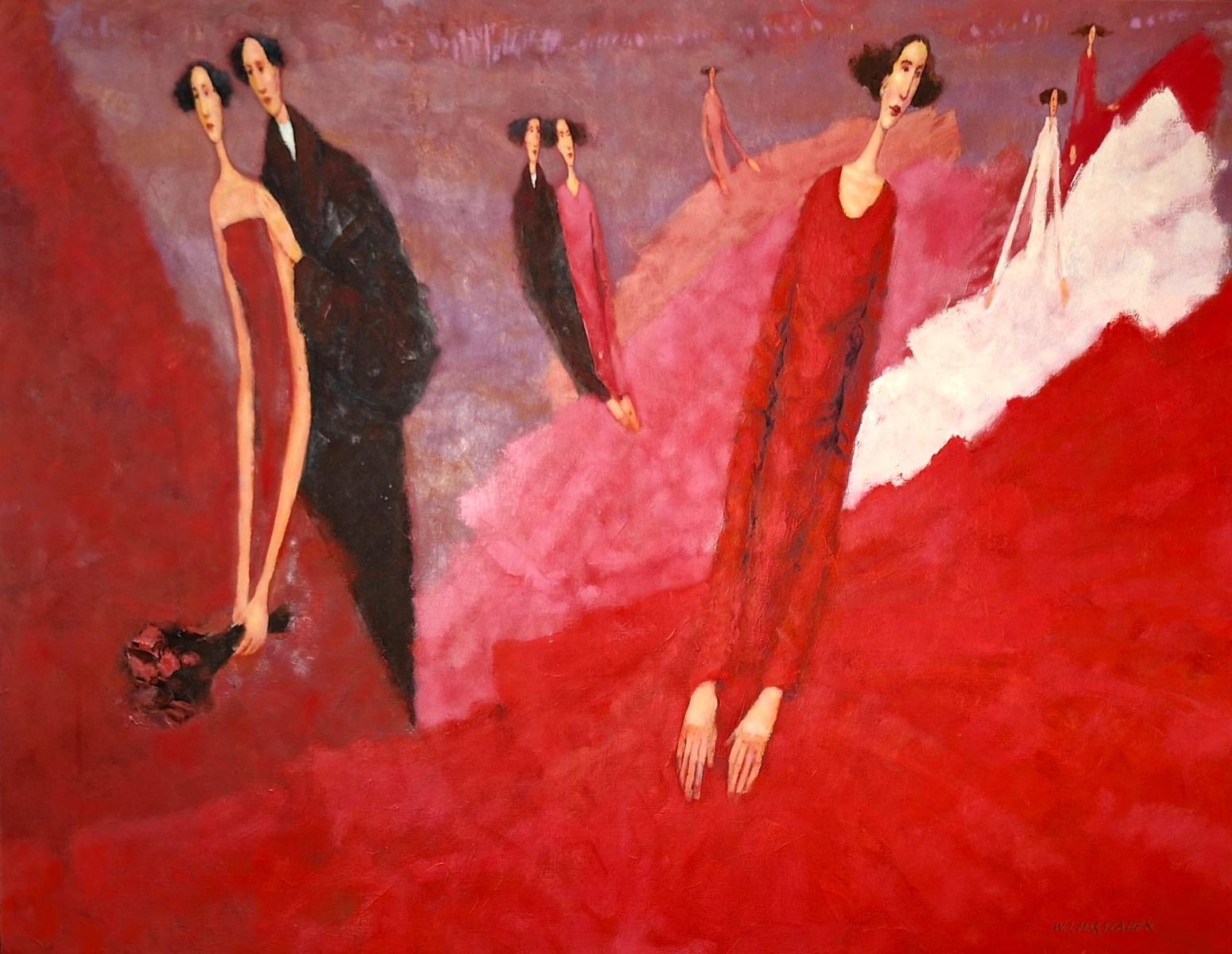 Figurative Painting de Waldemar Marszałek - Una pelota. Pintura figurativa al óleo sobre lienzo, Rojo monocromático, artista polaco