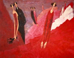 Ein Ball. Figuratives Gemälde, Öl auf Leinwand, Monochrom rot, polnischer Künstler