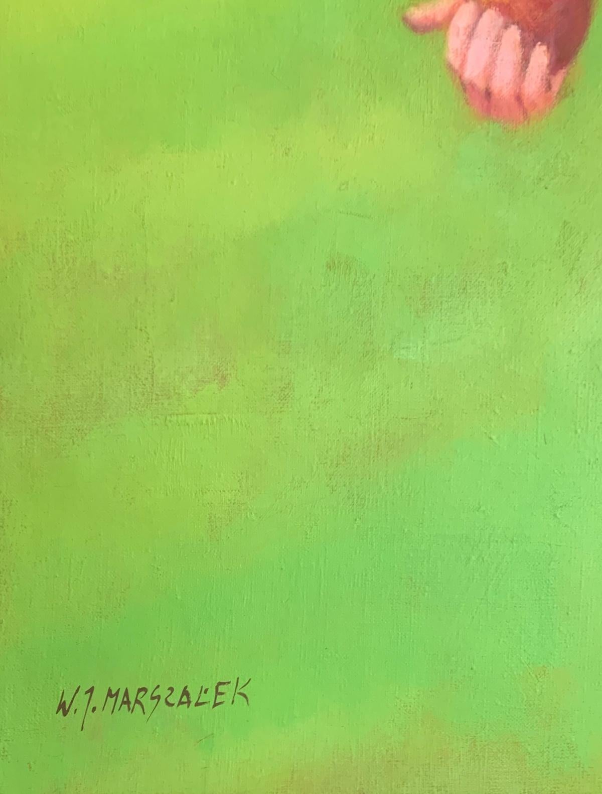 Tentación del ciclo Adán y Eva. Pintura al óleo figurativa, artista polaco - Landscape Painting Verde de Waldemar Marszałek