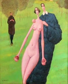 Tentación del ciclo Adán y Eva. Pintura al óleo figurativa, artista polaco