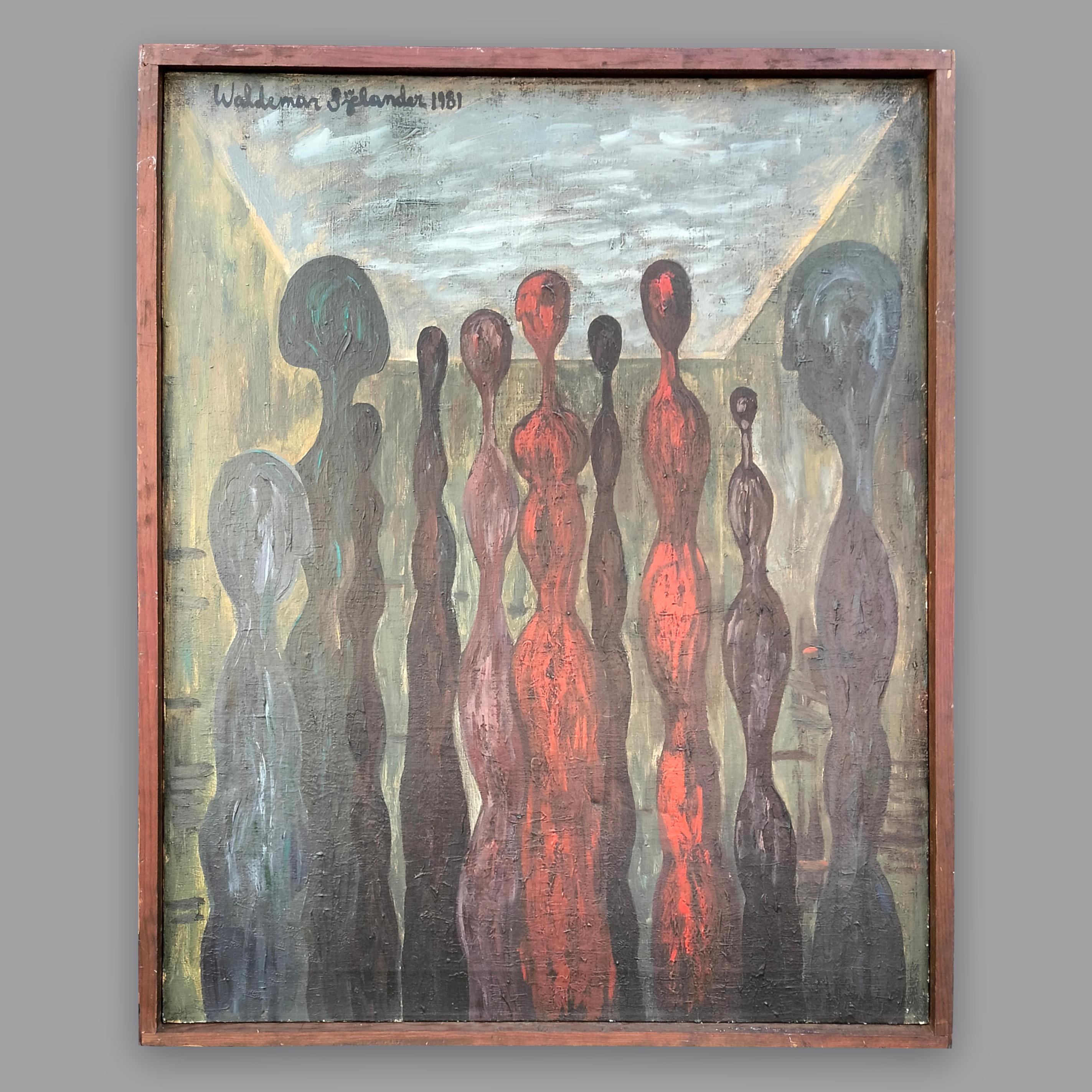 Un raro dipinto a olio su tela dell'artista messicano di origine svedese Waldemar Sjölander. Il dipinto presenta un insieme di figure umanoidi su uno sfondo verde. Firmato e datato 1981 in alto a sinistra.

Waldemar Sjölander (1908 - 1988) è nato a