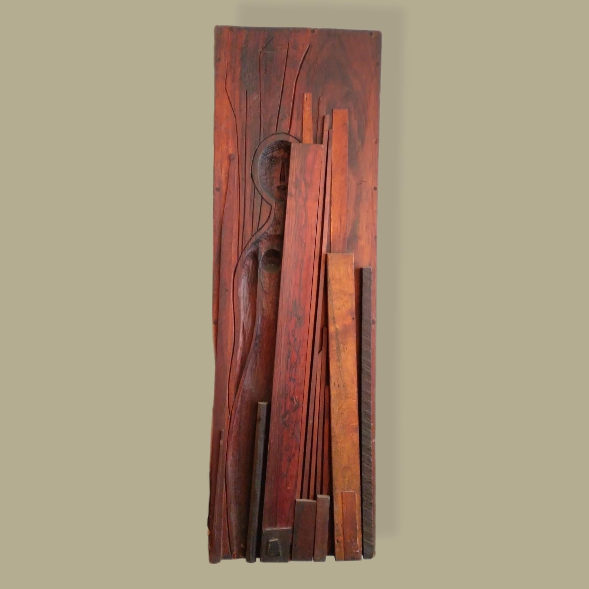 Mid-Century Modern Waldemar Sjölander Woman With Canvases Wood Wall Sculpture For Sale
