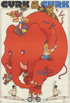 1973 Waldemar Swierzy 'Cyrk Cycling Elephant' Vintage Red, Multicolor Poland Offs