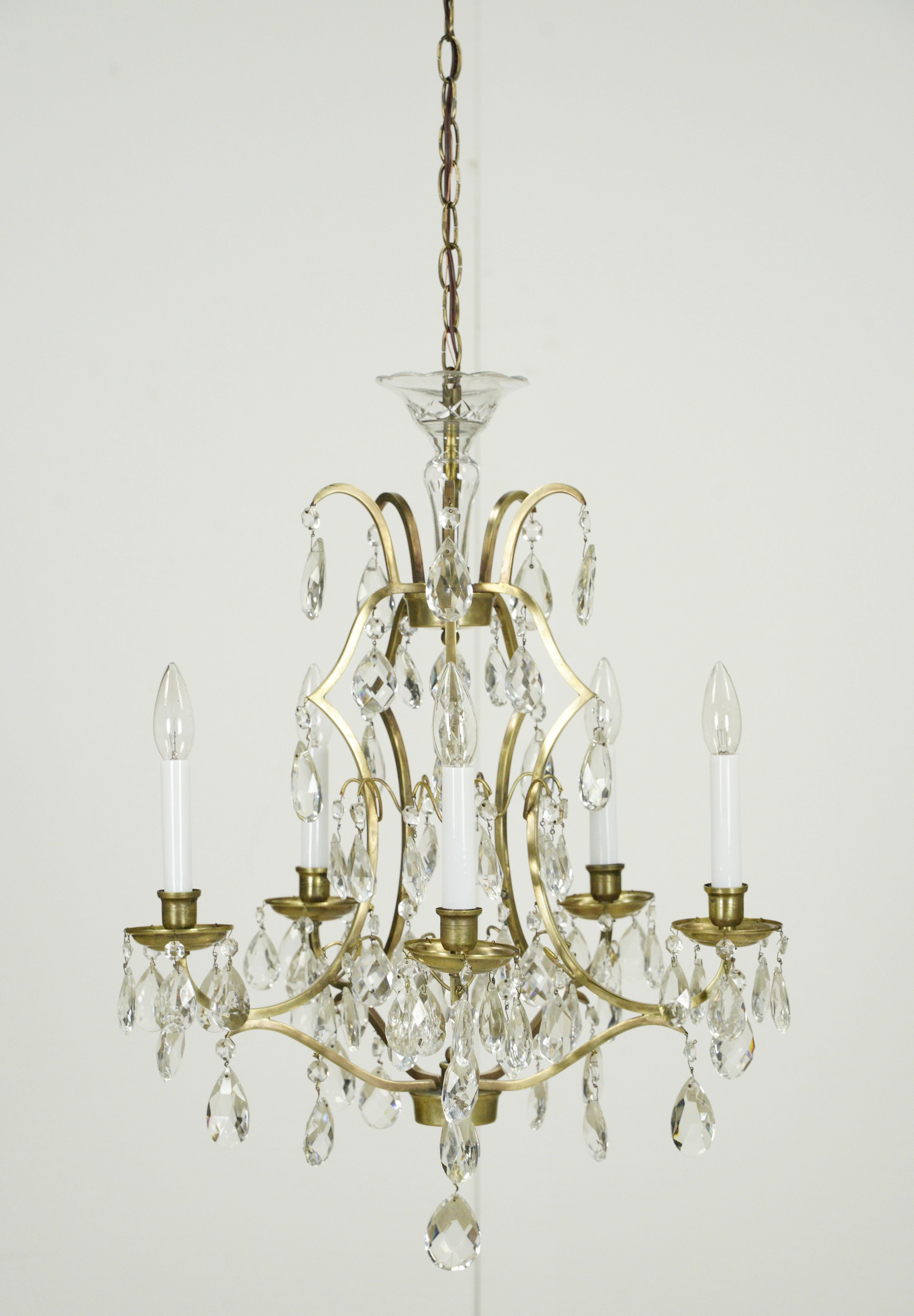 Waldorf Astoria Hotel 5 Arm Crystal & Brass Chandelier In Good Condition For Sale In New York, NY