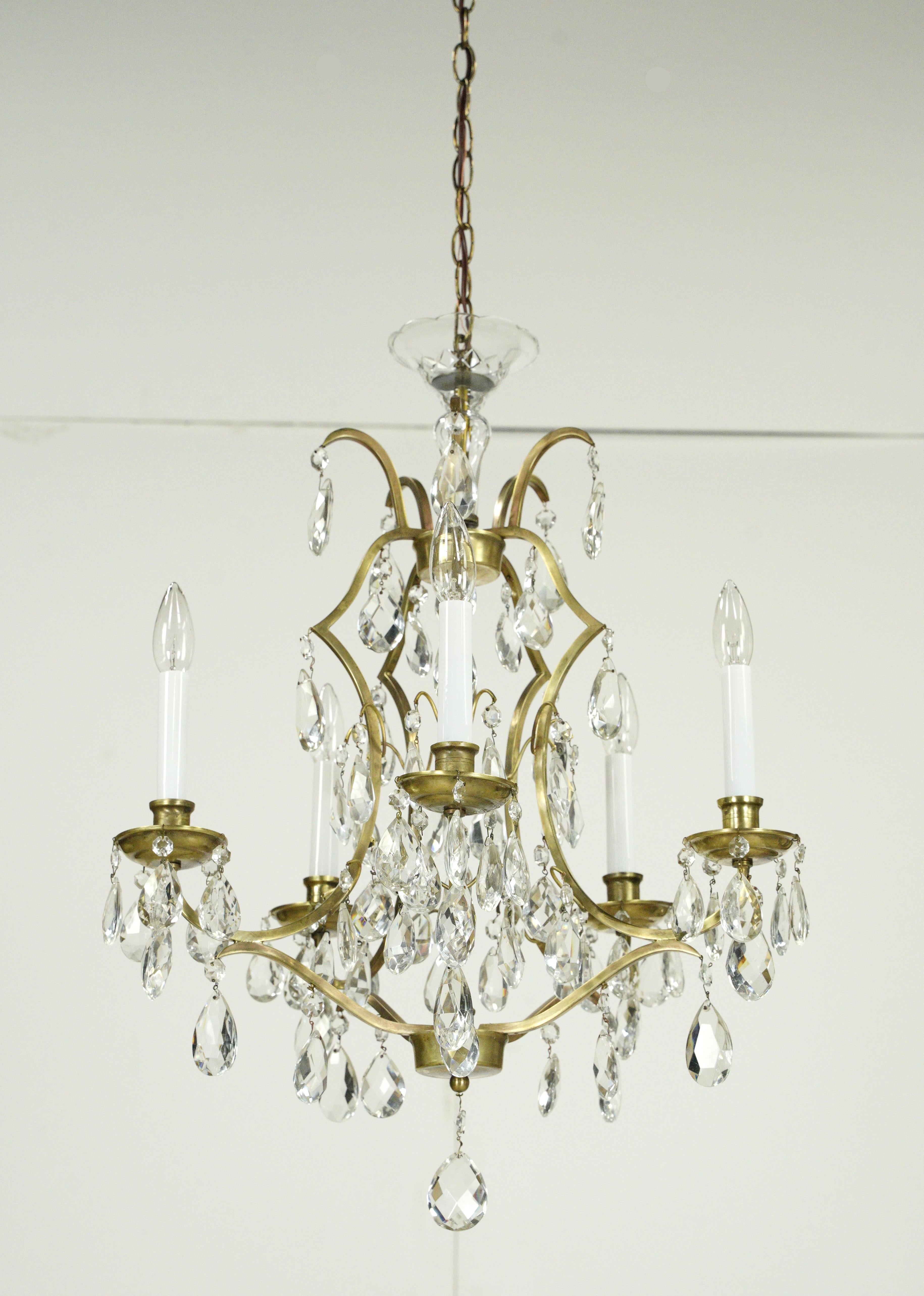 Waldorf Astoria Hotel 5 Arm Crystal & Brass Chandelier In Good Condition For Sale In New York, NY