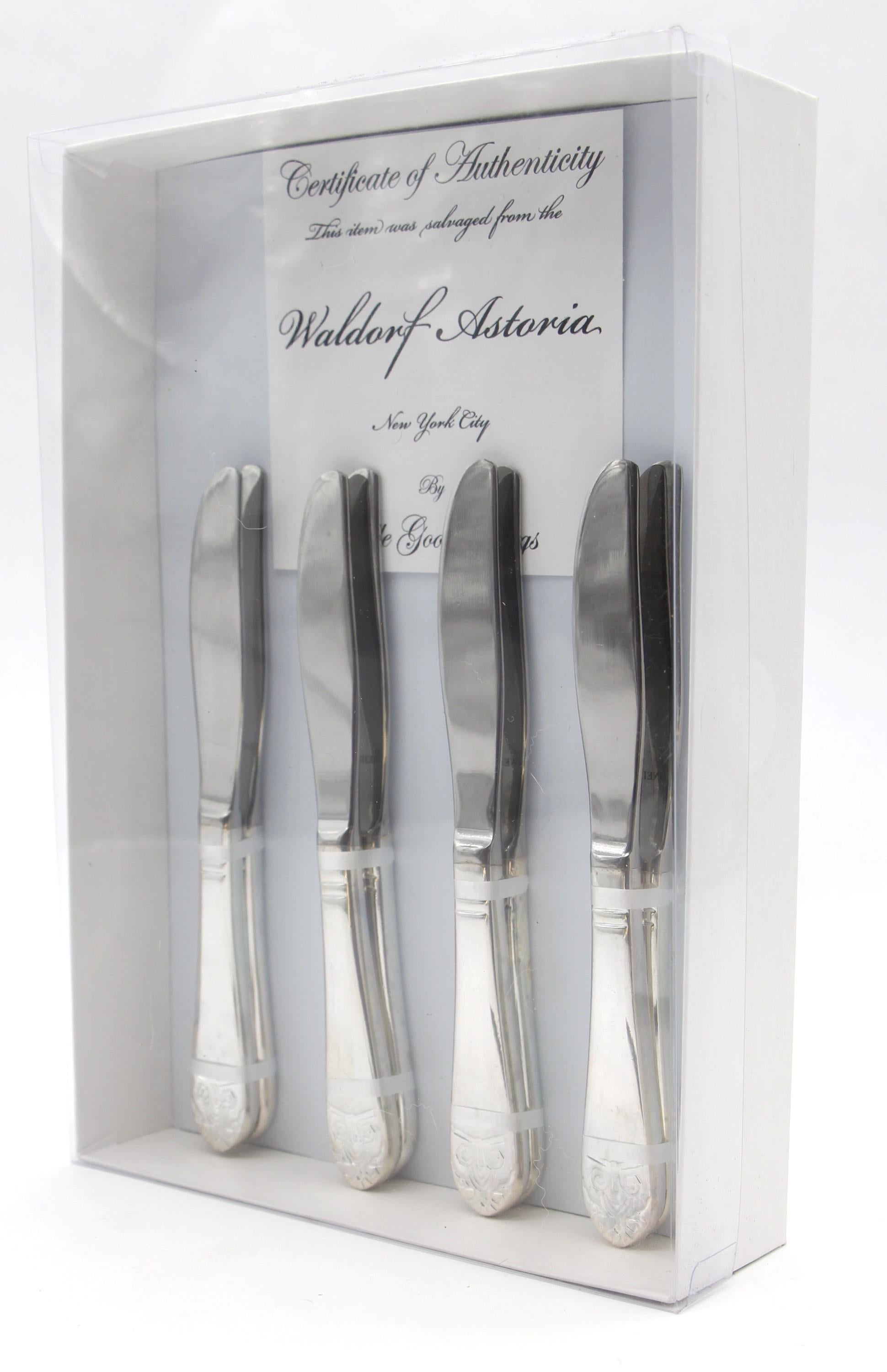 New, never used silver plated steel 8 piece butter knife set. Made by Oneida. These pieces were back stock in the Waldorf Astoria Hotel on Park Ave in New York City. All pieces are stamped Waldorf Astoria. This set includes a Waldorf Astoria