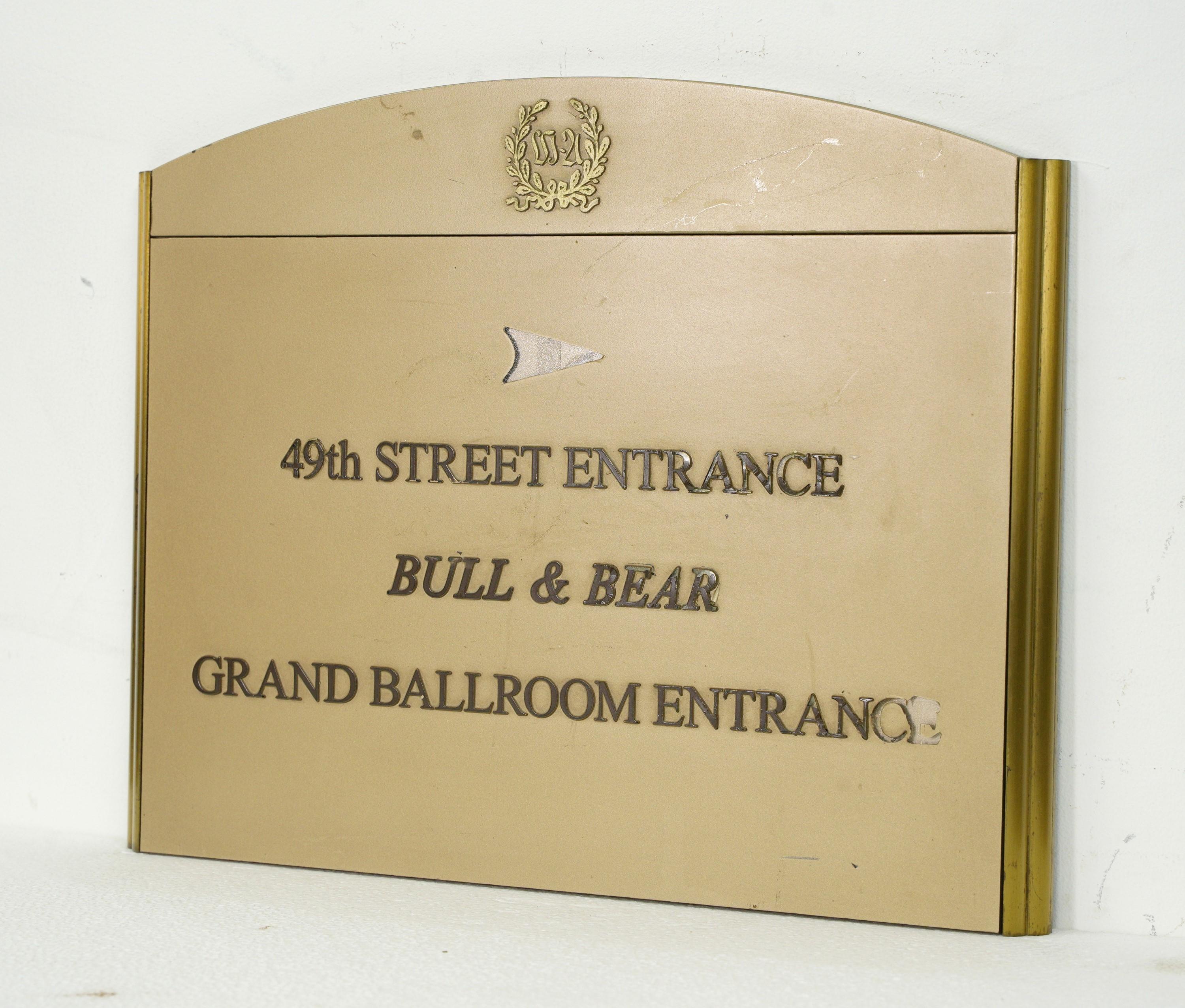 Waldorf Astoria Hotel Bull & Bear Grand Ballroom Wall Sign In Good Condition For Sale In New York, NY