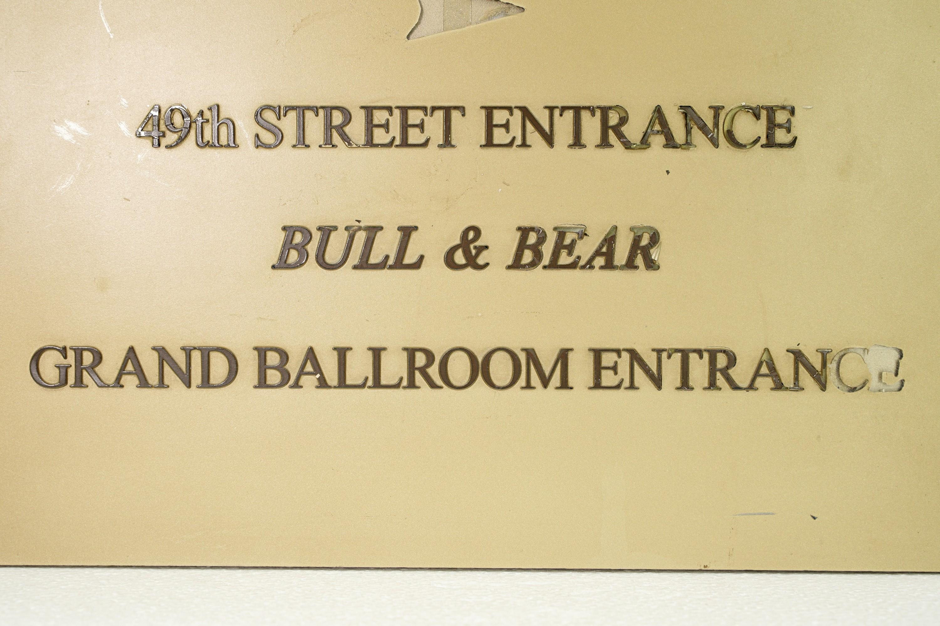 Waldorf Astoria Hotel Bull & Bear Grand Ballroom Wall Sign For Sale 1