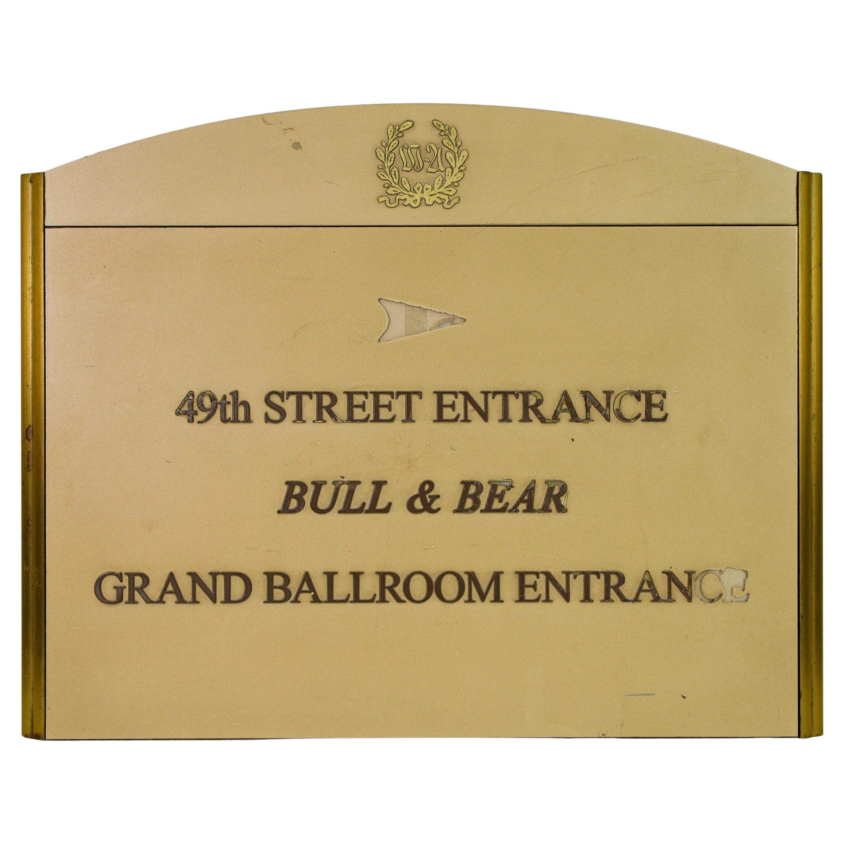 Waldorf Astoria Hotel Bull & Bear Grand Ballroom Wall Sign For Sale